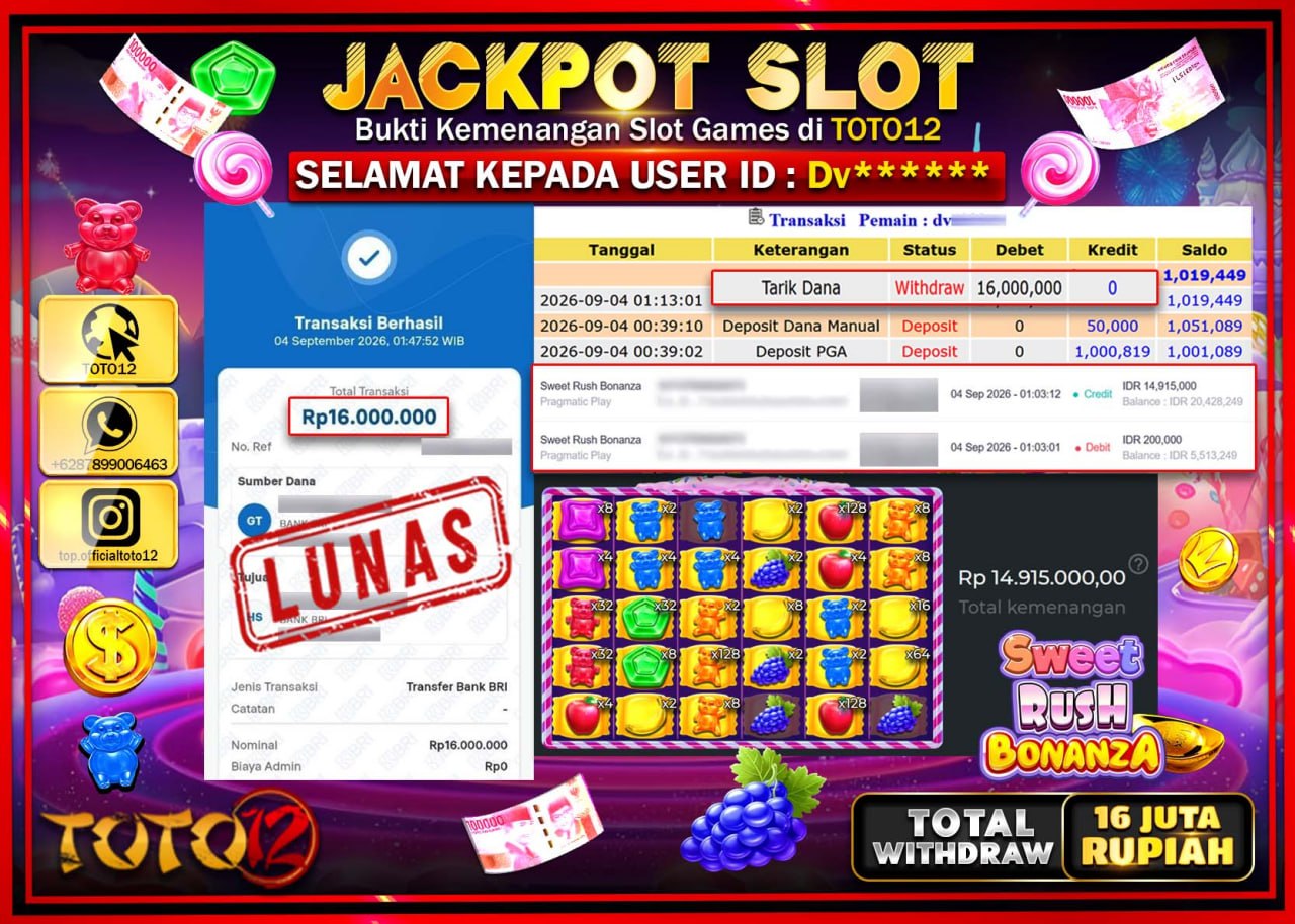 HANYA DI TOTO12 JP PASTI DI BAYAR LUNAS DAN CEPAT!!!!!! JACKPOT SLOT GAME (SWEET RUSH BONANZA) Rp16.000.000!!!!