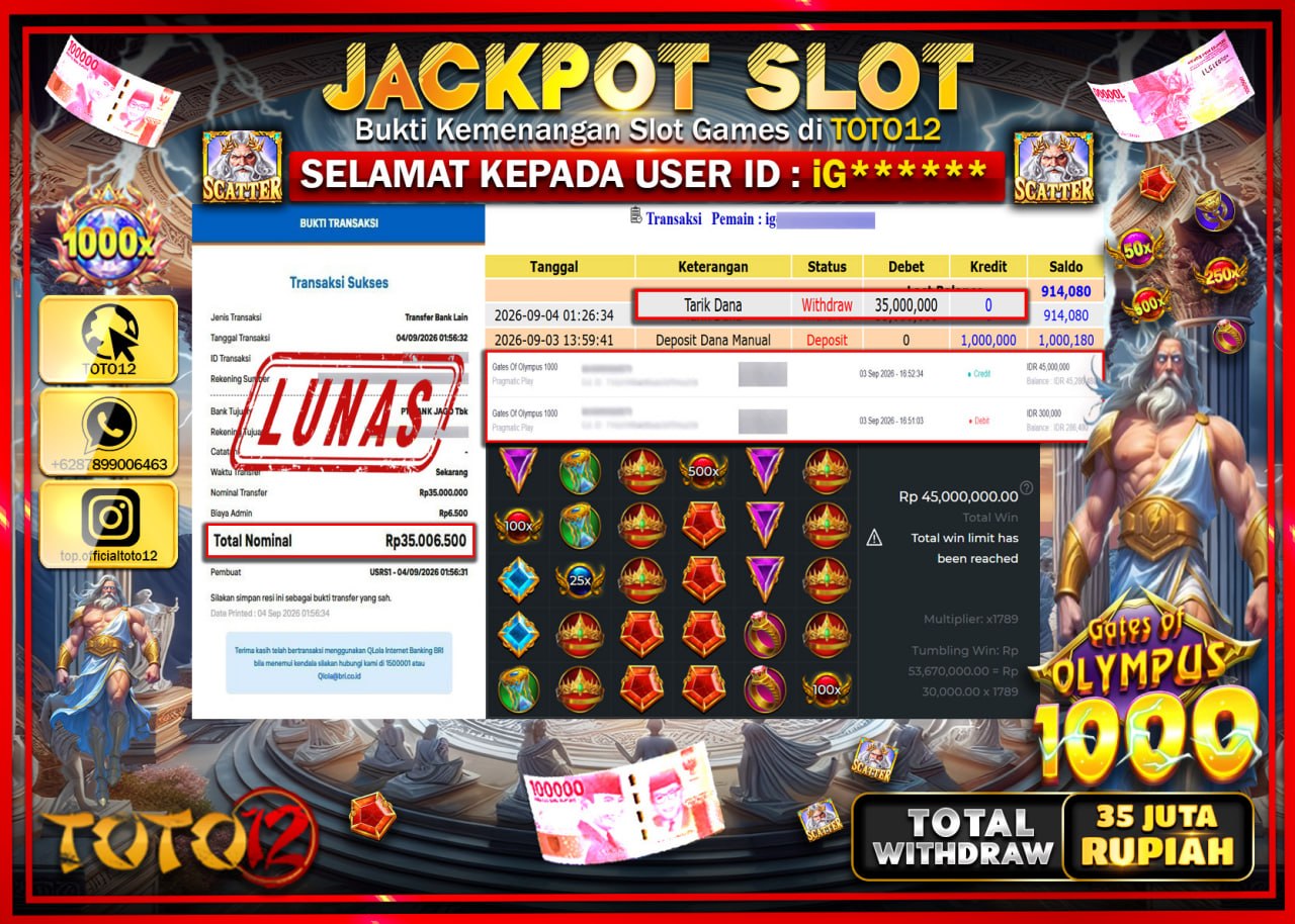 HANYA DI TOTO12 JP PASTI DI BAYAR LUNAS DAN CEPAT!!!!!! JACKPOT SLOT GAME (GATES OF OLYMPUS 1000) Rp35.000.000!!!!