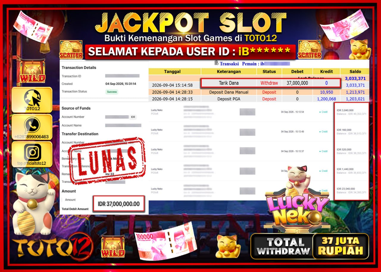 HANYA DI TOTO12 JP PASTI DI BAYAR LUNAS DAN CEPAT!!!!!! JACKPOT SLOT GAME (LUKY NEKO) Rp37.000.000!!!!