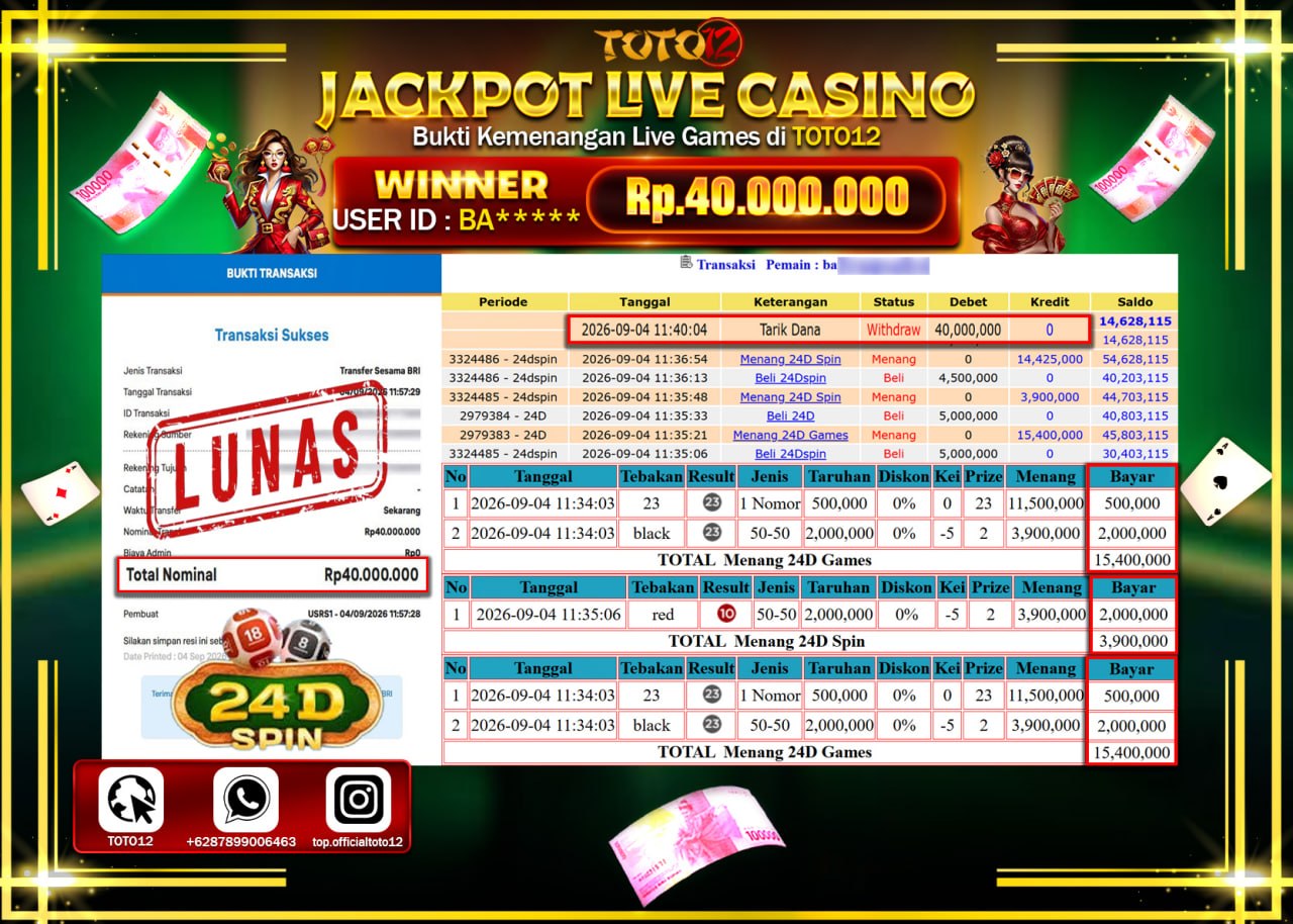 HANYA DI TOTO12 JP PASTI DI BAYAR LUNAS DAN CEPAT!!!!!! JACKPOT  LIVE GAME CASINO (24D) Rp40.000.000!!!!