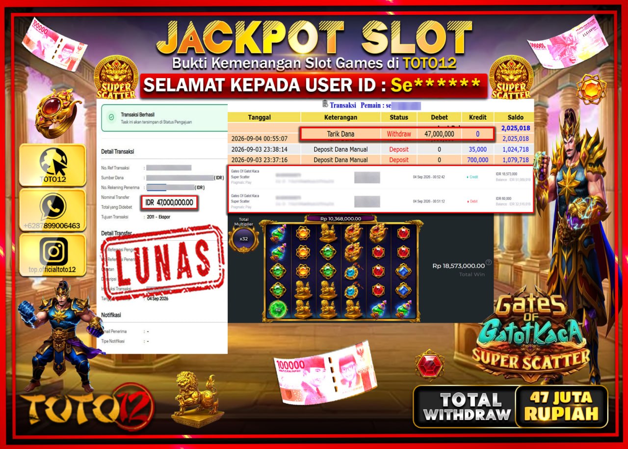 HANYA DI TOTO12 JP PASTI DI BAYAR LUNAS DAN CEPAT!!!!!! JACKPOT SLOT GAME (GATES OF GATOT KACA SUPER SCATTER) Rp47.0000.000!!!!