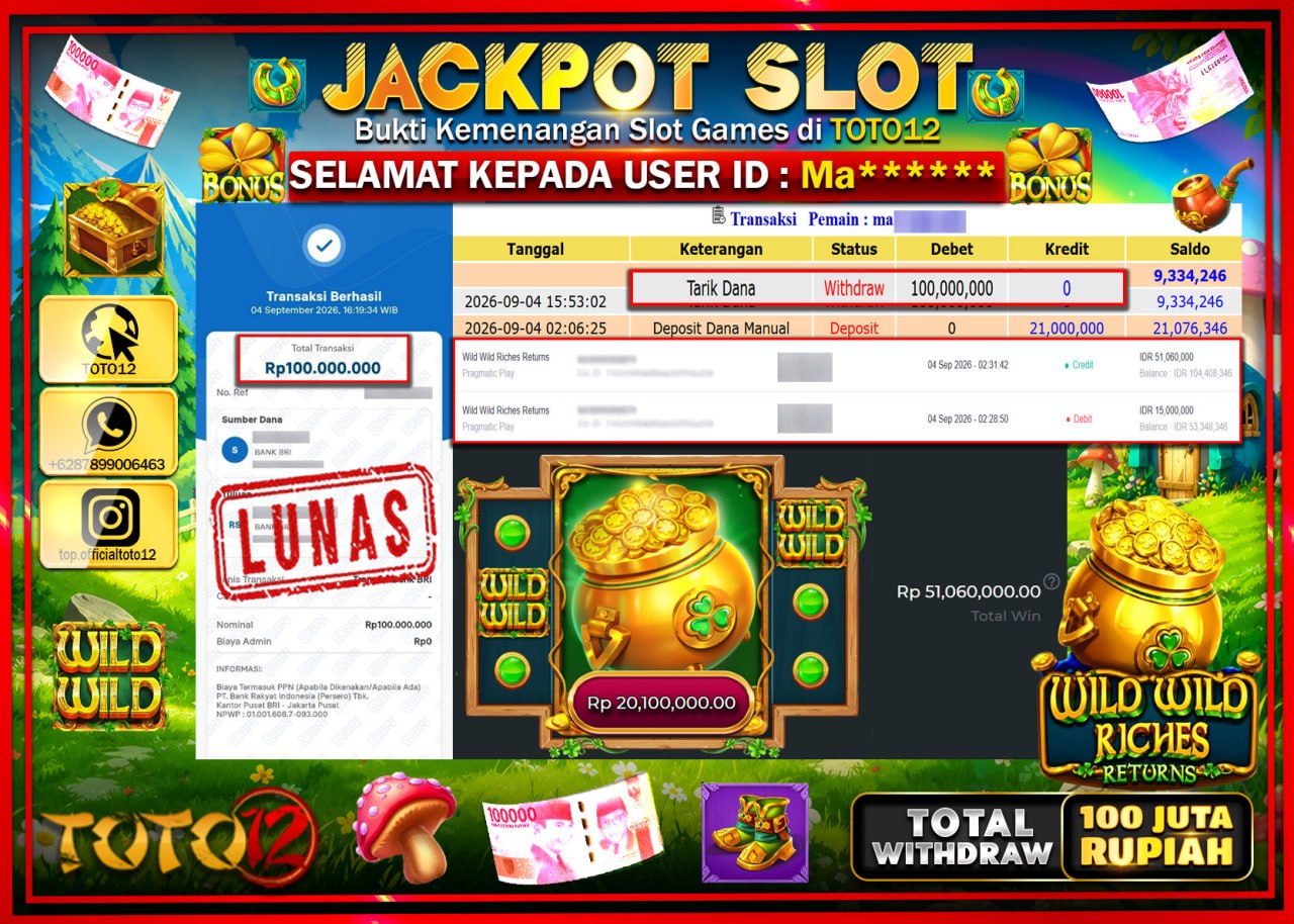 HANYA DI TOTO12 JP PASTI DI BAYAR LUNAS DAN CEPAT!!!!!! JACKPOT SLOT GAME (WILD WILD RICHES RETURNS) Rp100.000.000!!!!