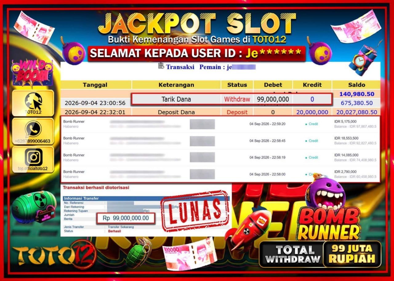 HANYA DI TOTO12 JP PASTI DI BAYAR LUNAS DAN CEPAT!!!!!! JACKPOT SLOT GAME (BOMB RUNNER) Rp99.000.000!!!!