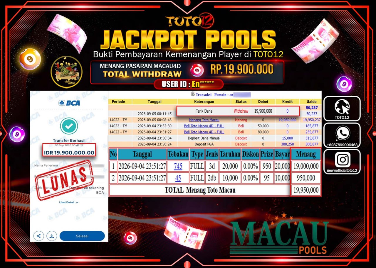 HANYA DI TOTO12 JP PASTI DI BAYAR LUNAS DAN CEPAT!!!!!! JACKPOT POOLS PASARAN (MACAU 4D) Rp19.900.000!!!!