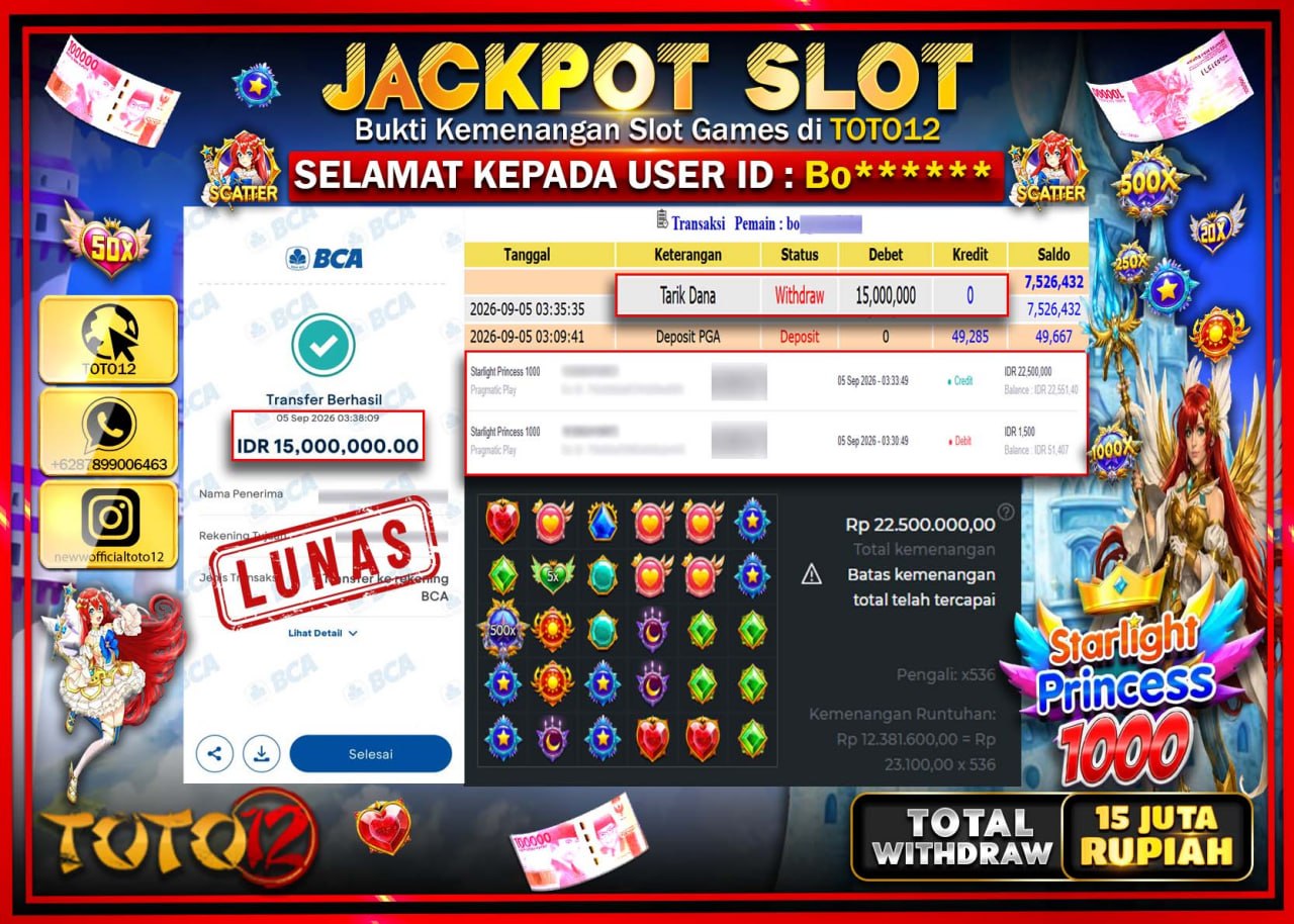 HANYA DI TOTO12 JP PASTI DI BAYAR LUNAS DAN CEPAT!!!!!! JACKPOT SLOT GAME (STARLIGHT PRINCESS 1000) Rp15.000.000!!!!