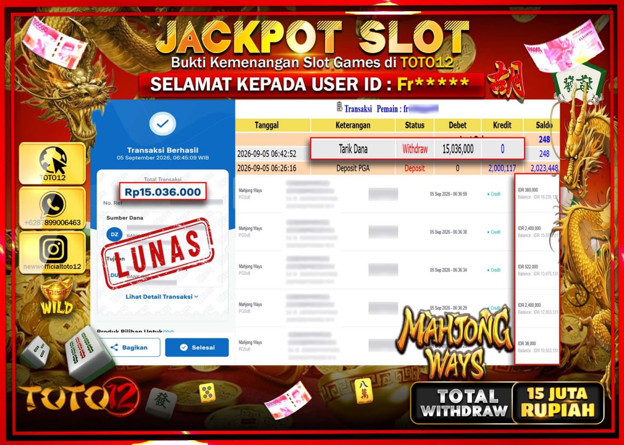 HANYA DI TOTO12 JP PASTI DI BAYAR LUNAS DAN CEPAT!!!!!! JACKPOT SLOT GAME (MAHJONG WAYS) Rp15.036.000!!!!