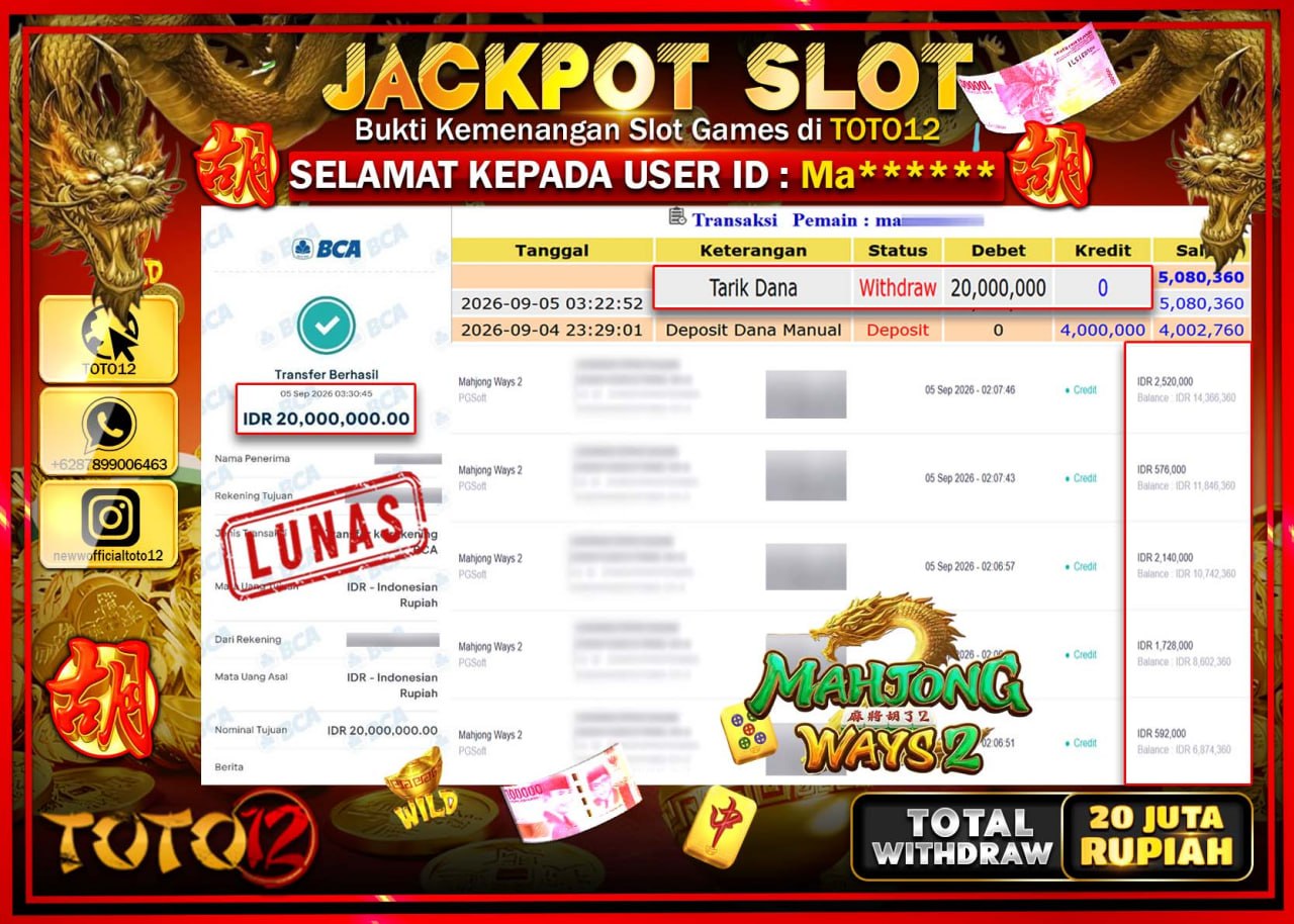 HANYA DI TOTO12 JP PASTI DI BAYAR LUNAS DAN CEPAT!!!!!! JACKPOT SLOT GAME (MAHJONG WAYS 2) Rp20.000.000!!!!