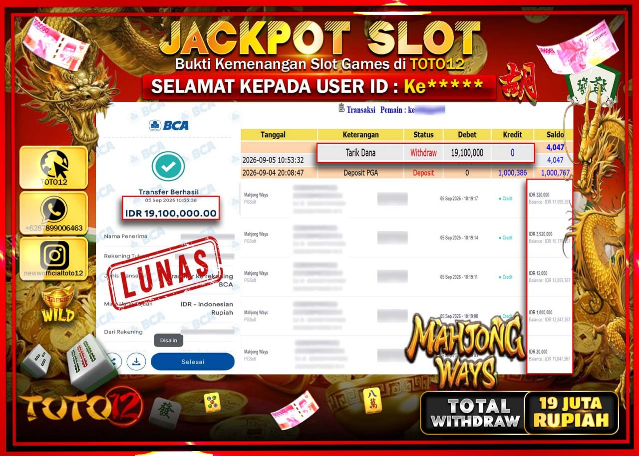 HANYA DI TOTO12 JP PASTI DI BAYAR LUNAS DAN CEPAT!!!!!! JACKPOT SLOT GAME (MAHJONG WAYS) Rp19.100.000!!!!