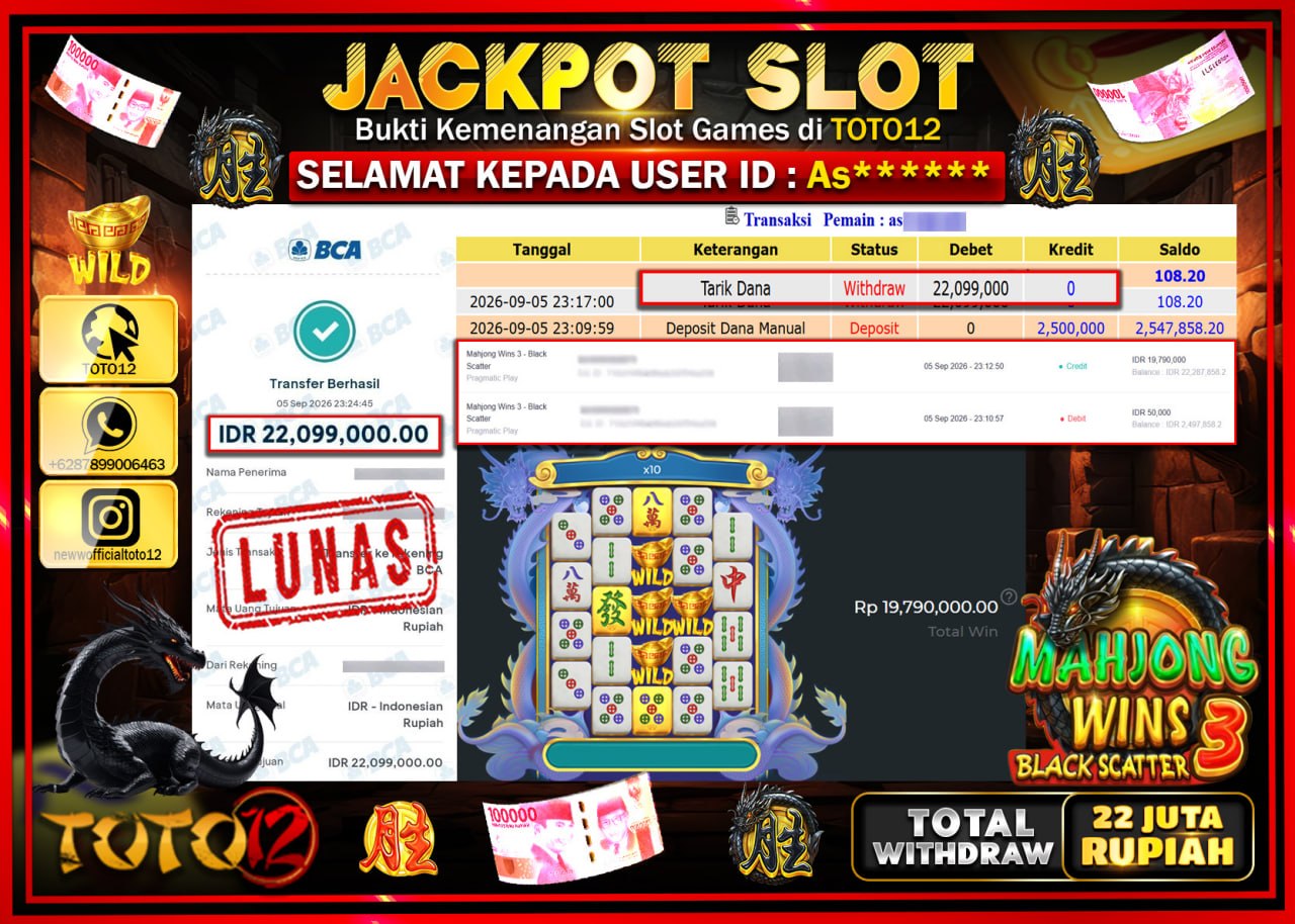 HANYA DI TOTO12 JP PASTI DI BAYAR LUNAS DAN CEPAT!!!!!! JACKPOT SLOT GAME (MAHJONG WINS 3 BLACK SCATTER) Rp22.099.000!!!!