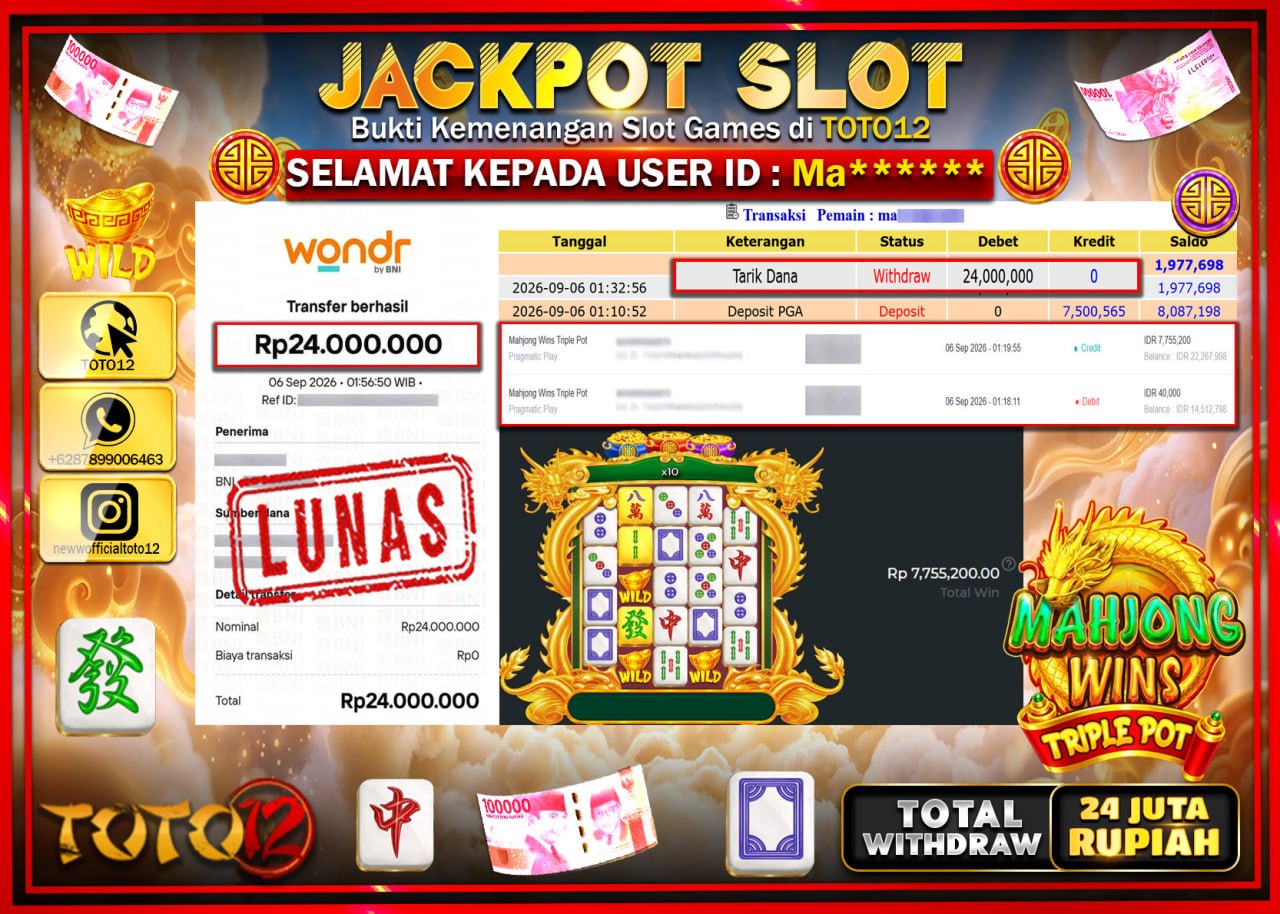 HANYA DI TOTO12 JP PASTI DI BAYAR LUNAS DAN CEPAT!!!!!! JACKPOT SLOT GAME (MAHJONG WINS TRIPLE POT) Rp24.000.000!!!!