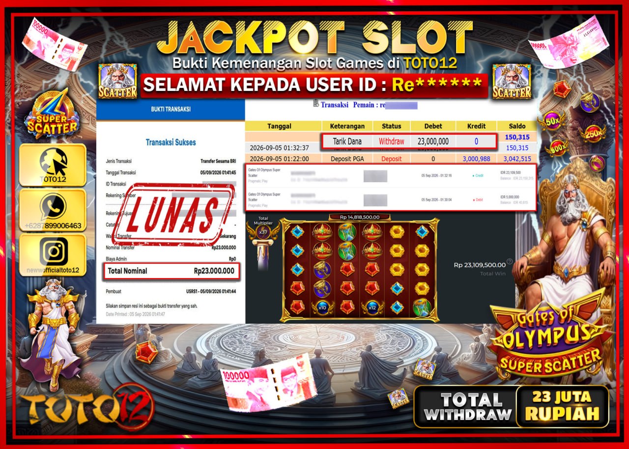 HANYA DI TOTO12 JP PASTI DI BAYAR LUNAS DAN CEPAT!!!!!! JACKPOT SLOT GAME (GATES OF OLYMPUS SUPER SCATTER) Rp23.000.000!!!!