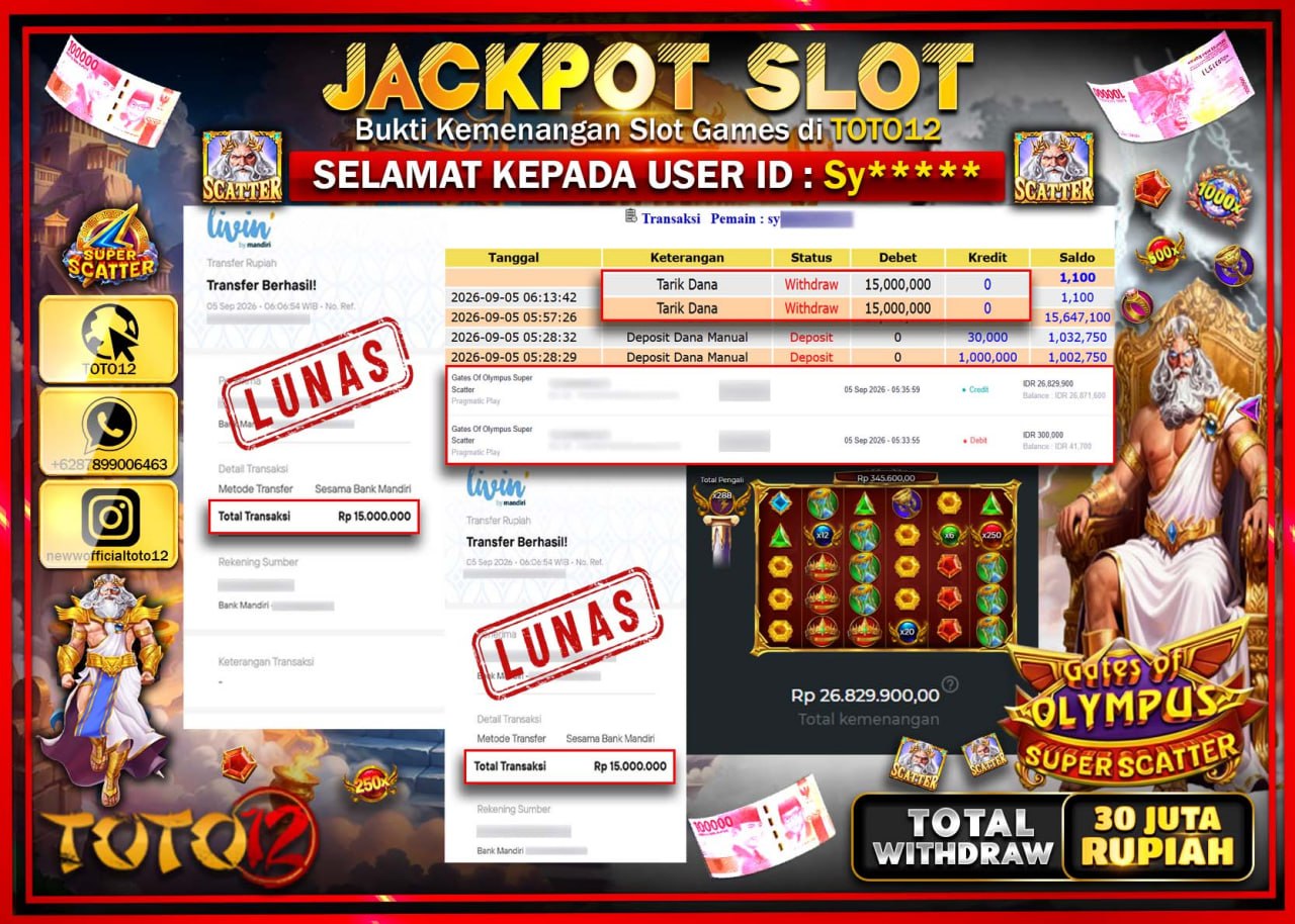 HANYA DI TOTO12 JP PASTI DI BAYAR LUNAS DAN CEPAT!!!!!! JACKPOT SLOT GAME (GATES OF OLYMPUS SUPER SCATTER) Rp30.000.000!!!!