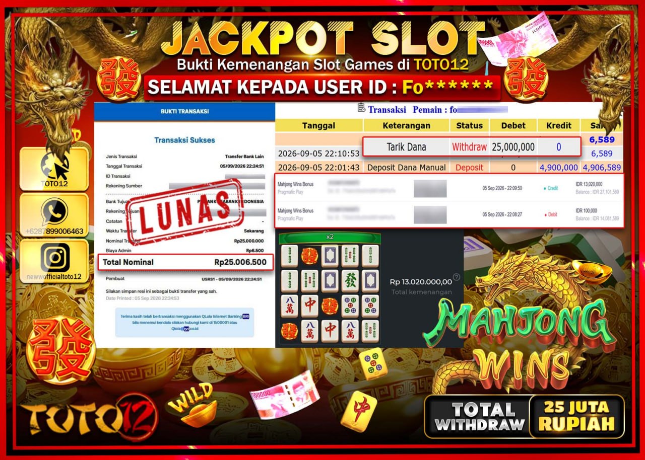 HANYA DI TOTO12 JP PASTI DI BAYAR LUNAS DAN CEPAT!!!!!! JACKPOT SLOT GAME (MAHJONG WINS) Rp25.000.000!!!!