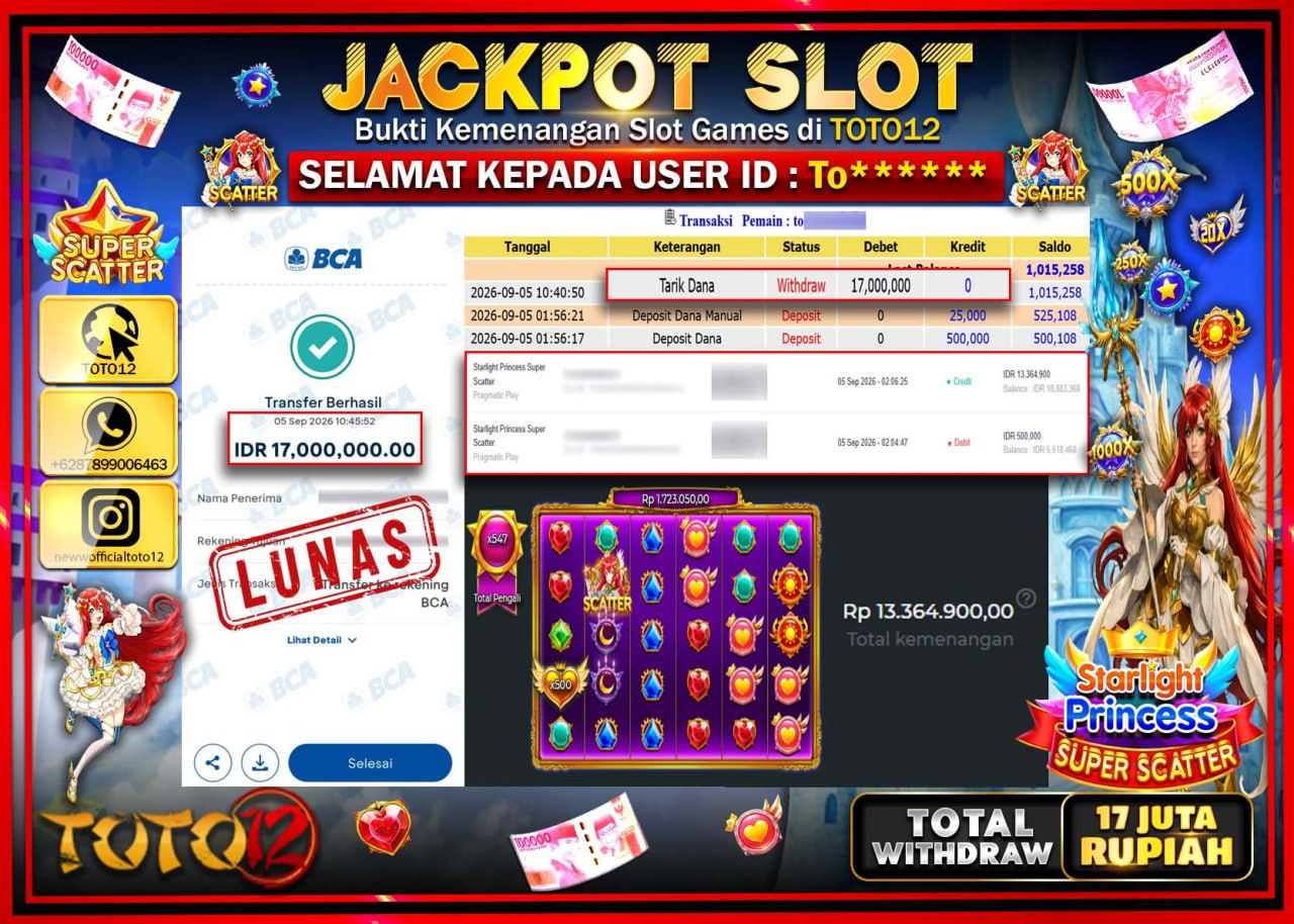 HANYA DI TOTO12 JP PASTI DI BAYAR LUNAS DAN CEPAT!!!!!! JACKPOT SLOT GAME (STARLIGHT PRINCESS SUPER SCATTER) Rp17.000.000!!!!