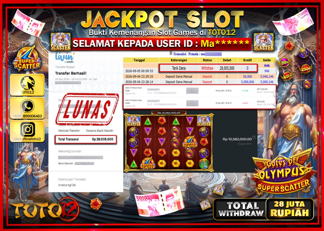 HANYA DI TOTO12 JP PASTI DI BAYAR LUNAS DAN CEPAT!!!!!! JACKPOT SLOT GAME (GATES OF OLYMPUS SUPER SCATTER) Rp28.005.000!!!!