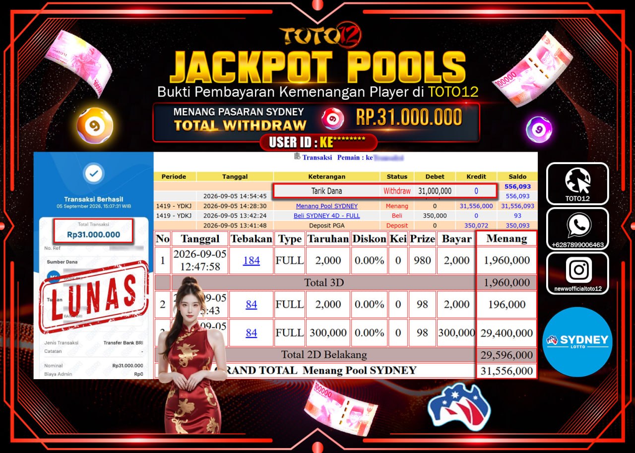 HANYA DI TOTO12 JP PASTI DI BAYAR LUNAS DAN CEPAT!!!!!! JACKPOT POOLS PASARAN (SYDNEY) Rp31.000.000!!!!