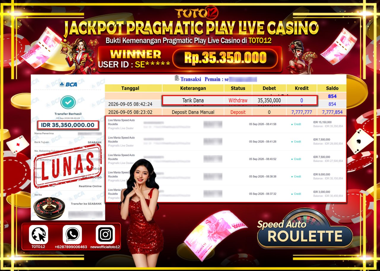 HANYA DI TOTO12 JP PASTI DI BAYAR LUNAS DAN CEPAT!!!!!! JACKPOT PRAGMATIC PLAY LIVE GAME CASINO (LIVE MANIA SPEED AUTO ROULETEE) Rp35.350.000!!!!