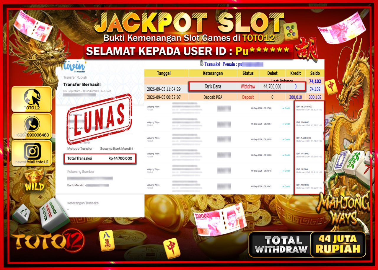HANYA DI TOTO12 JP PASTI DI BAYAR LUNAS DAN CEPAT!!!!!! JACKPOT SLOT GAME (MAHJONG WAYS) Rp44.700.000!!!!