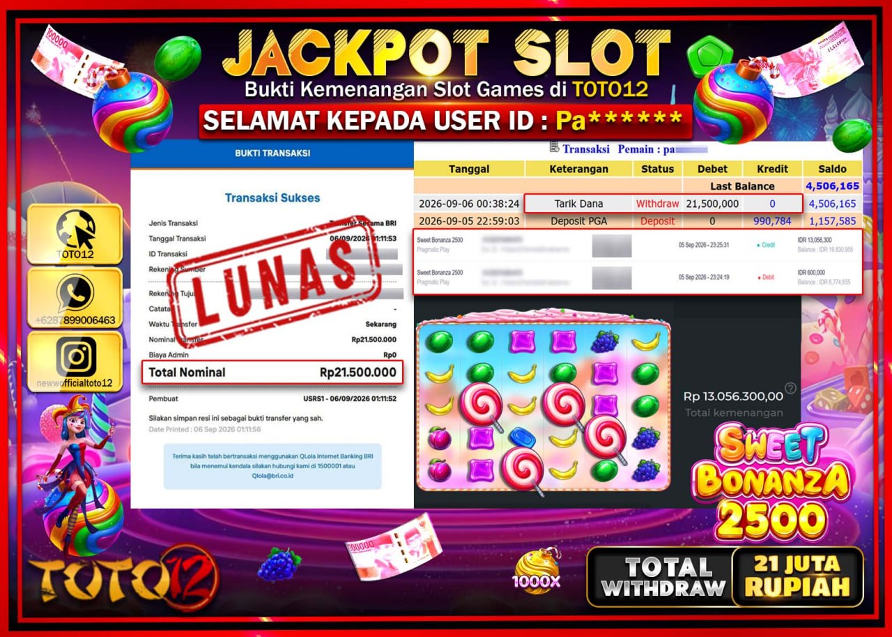 HANYA DI TOTO12 JP PASTI DI BAYAR LUNAS DAN CEPAT!!!!!! JACKPOT SLOT GAME (SWEET BONANZA 2500) Rp21.500.000!!!!