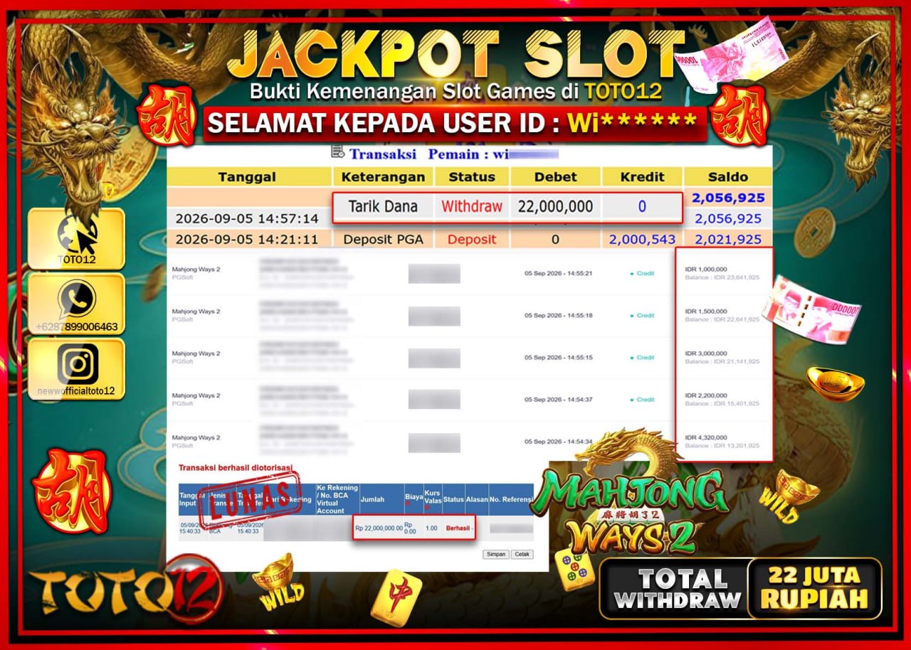 HANYA DI TOTO12 JP PASTI DI BAYAR LUNAS DAN CEPAT!!!!!! JACKPOT SLOT GAME (MAHJONG WAYS 2) Rp22.000.000!!!!
