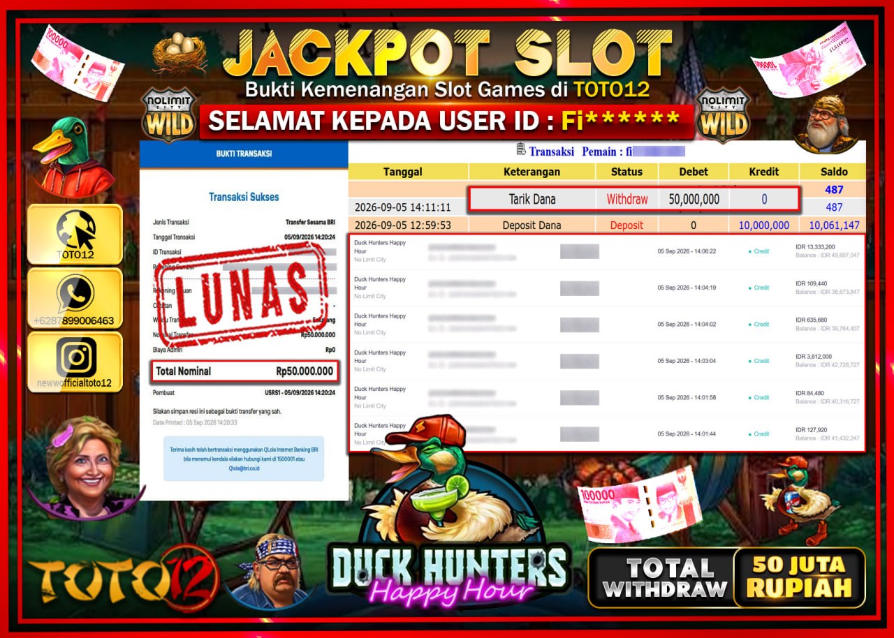 HANYA DI TOTO12 JP PASTI DI BAYAR LUNAS DAN CEPAT!!!!!! JACKPOT SLOT GAME (DUCK HUHTERS HAPPY) Rp50.000.000!!!!