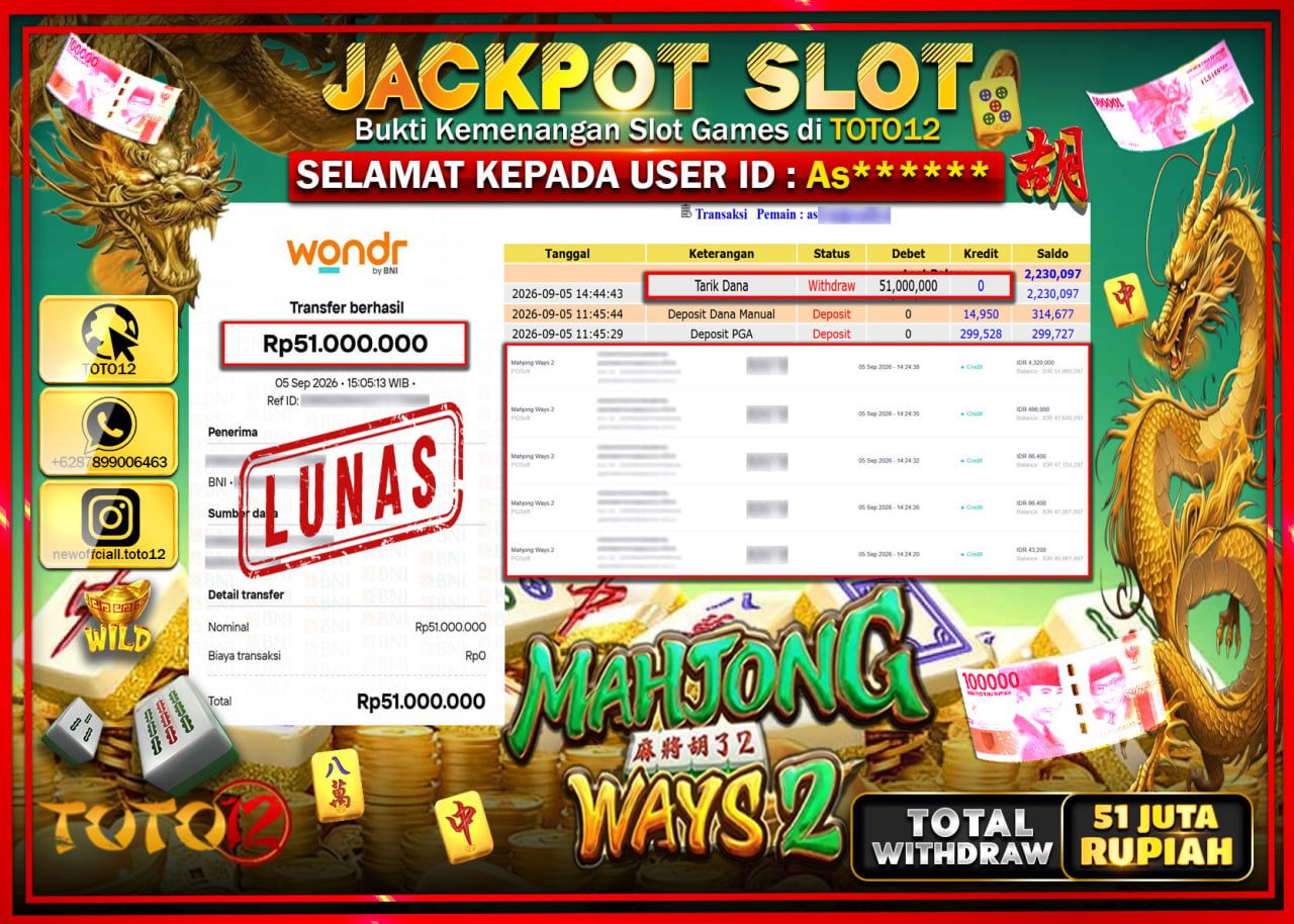 HANYA DI TOTO12 JP PASTI DI BAYAR LUNAS DAN CEPAT!!!!!! JACKPOT SLOT GAME (MAHJONG WAYS 2) Rp51.000.000!!!!