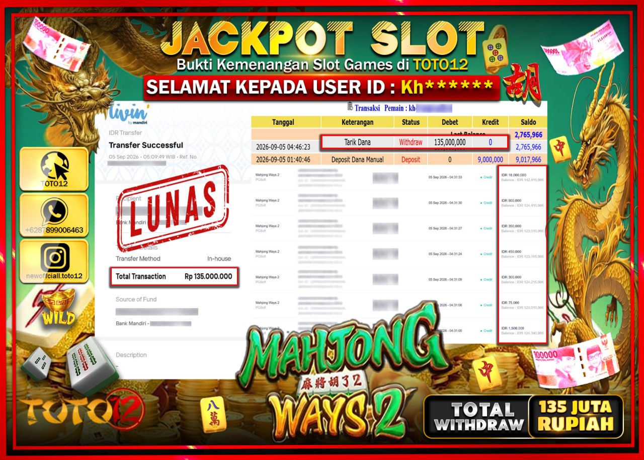 HANYA DI TOTO12 JP PASTI DI BAYAR LUNAS DAN CEPAT!!!!!! JACKPOT SLOT GAME (MAHJONG WAYS 2) Rp135.000.000!!!!