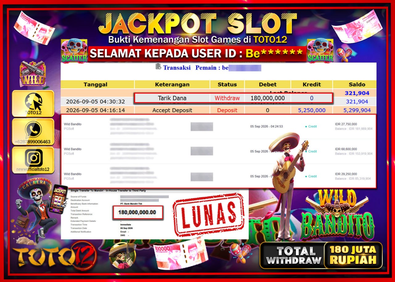 HANYA DI TOTO12 JP PASTI DI BAYAR LUNAS DAN CEPAT!!!!!! JACKPOT SLOT GAME (WILD BANDITO) Rp180.000.000!!!!