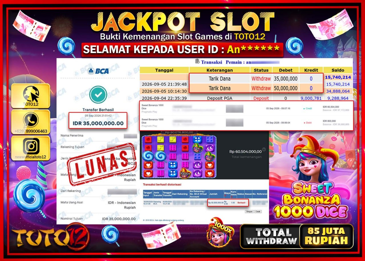 HANYA DI TOTO12 JP PASTI DI BAYAR LUNAS DAN CEPAT!!!!!! JACKPOT SLOT GAME (SWEET BONANZA 1000 DICE) Rp85.000.000!!!!