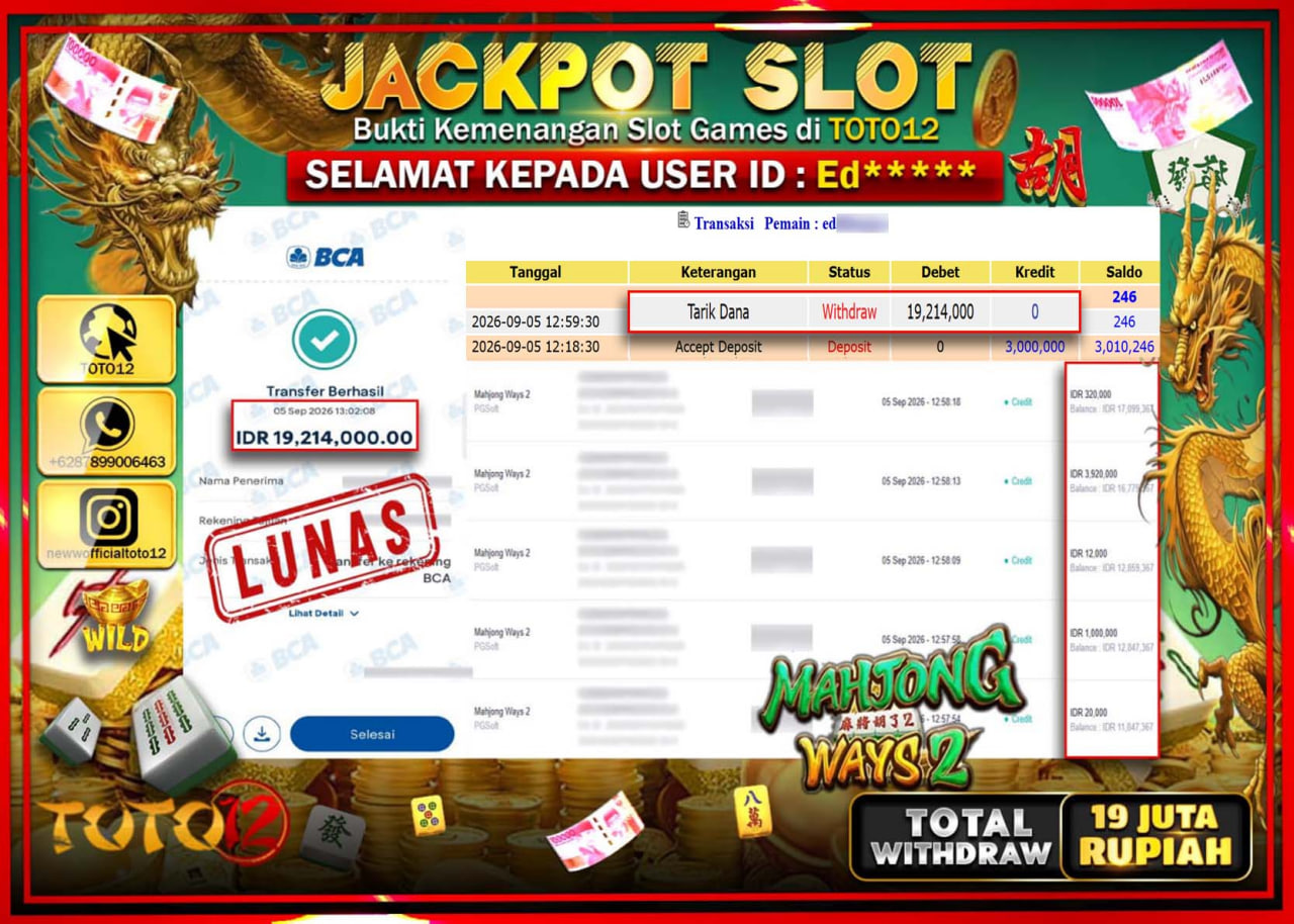 HANYA DI TOTO12 JP PASTI DI BAYAR LUNAS DAN CEPAT!!!!!! JACKPOT SLOT GAME (MAHJONG WAYS 2) Rp19.214.000!!!!