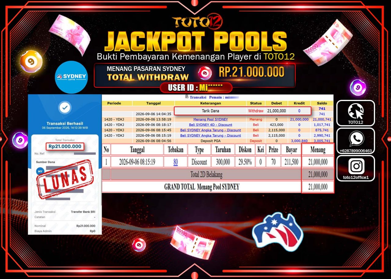HANYA DI TOTO12 JP PASTI DI BAYAR LUNAS DAN CEPAT!!!!!! JACKPOT POOLS PASARAN (SYDNEY) Rp21.000.000!!!!