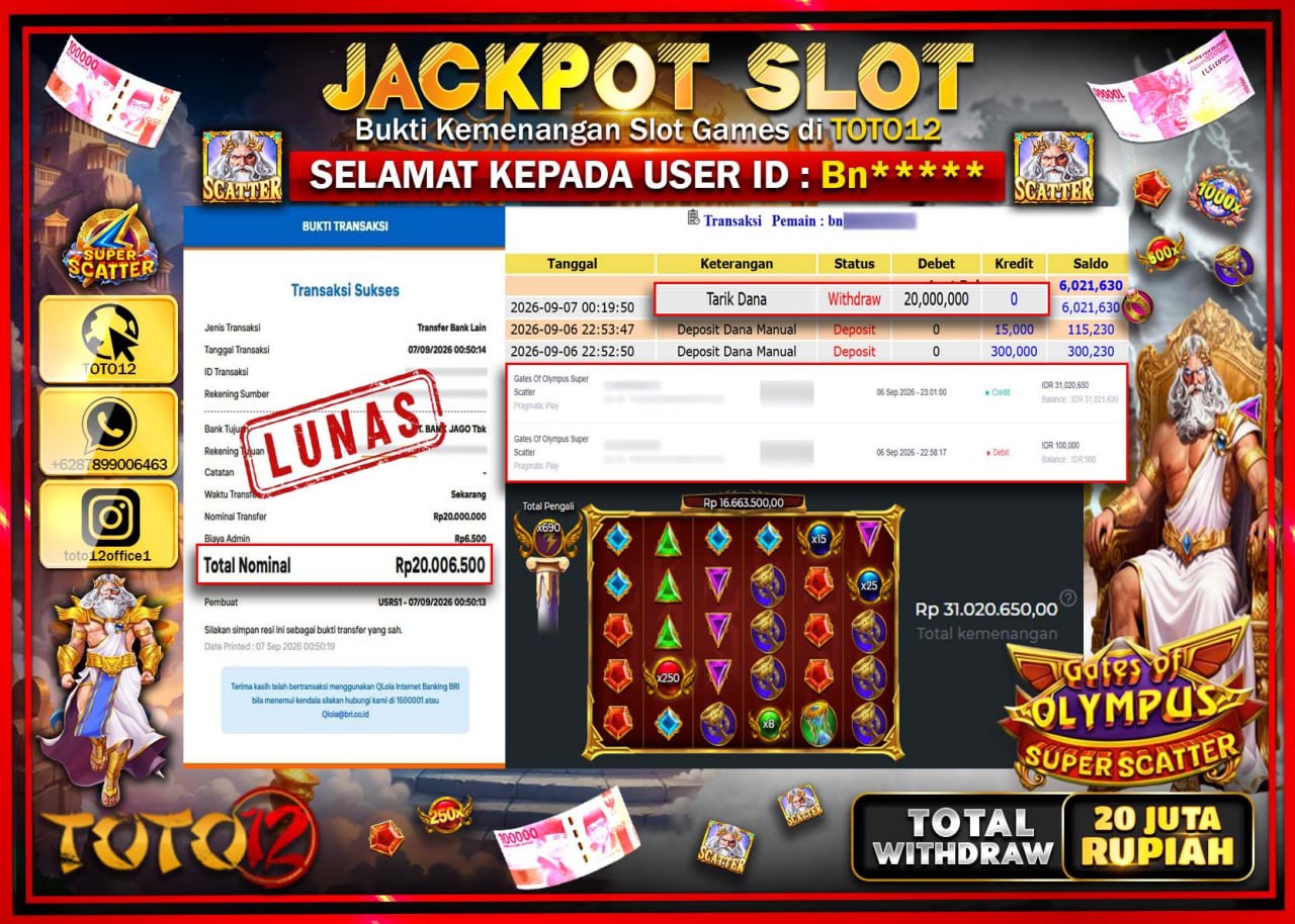 HANYA DI TOTO12 JP PASTI DI BAYAR LUNAS DAN CEPAT!!!!!! JACKPOT SLOT GAME (GATES OF OLYMPUS SUPER SCATTER) Rp20.000.000!!!!