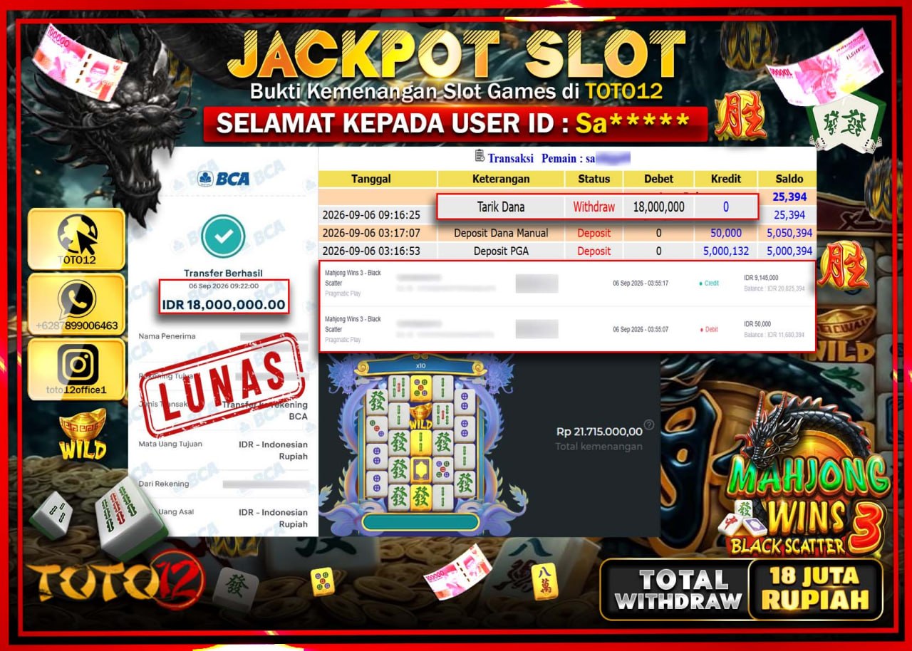 HANYA DI TOTO12 JP PASTI DI BAYAR LUNAS DAN CEPAT!!!!!! JACKPOT SLOT GAME (MAHJONG WINS 3 BLACK SCATTER) Rp18.000.000!!!!