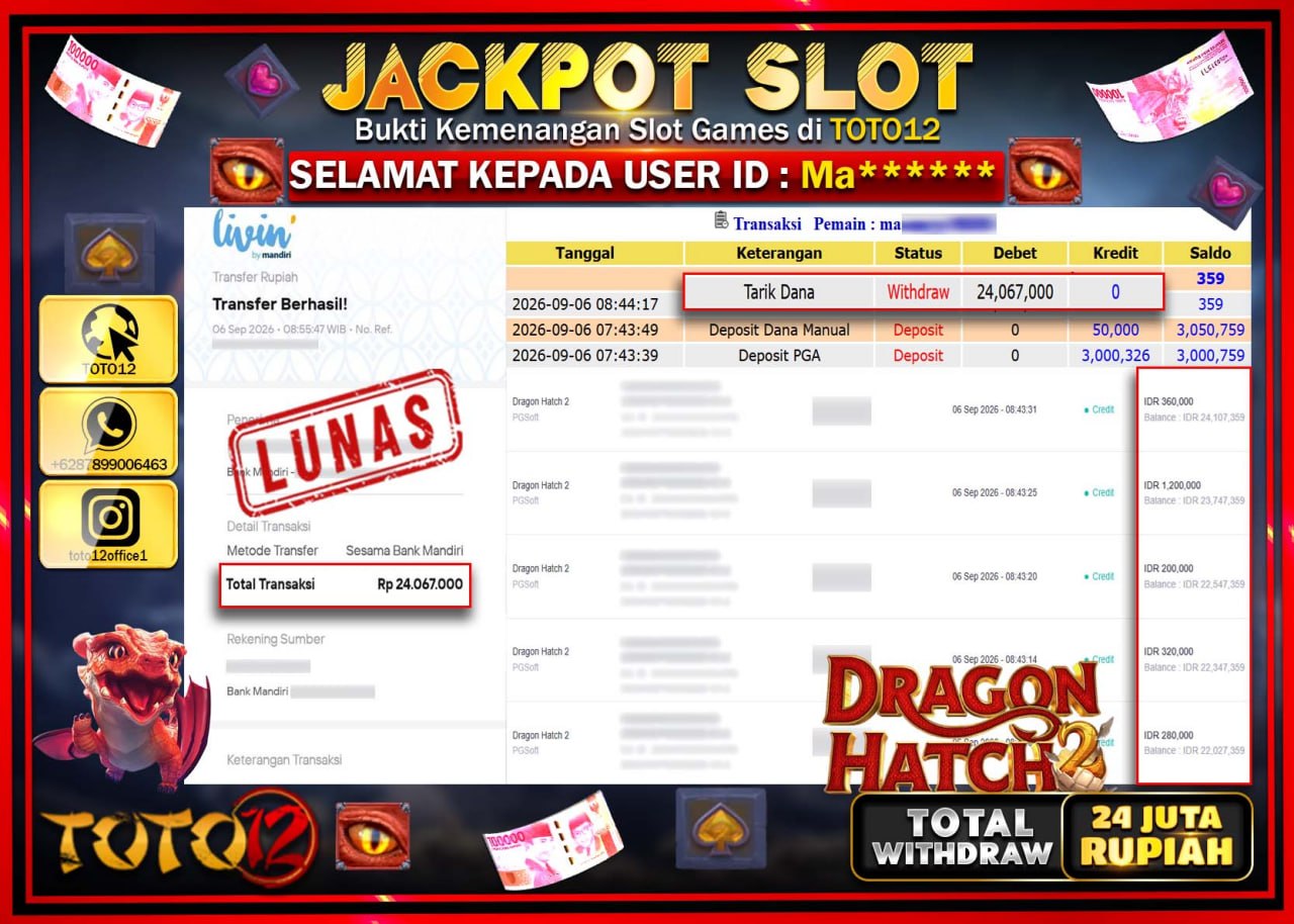 HANYA DI TOTO12 JP PASTI DI BAYAR LUNAS DAN CEPAT!!!!!! JACKPOT SLOT GAME (DRAGON HATCH) Rp24.067.000!!!!