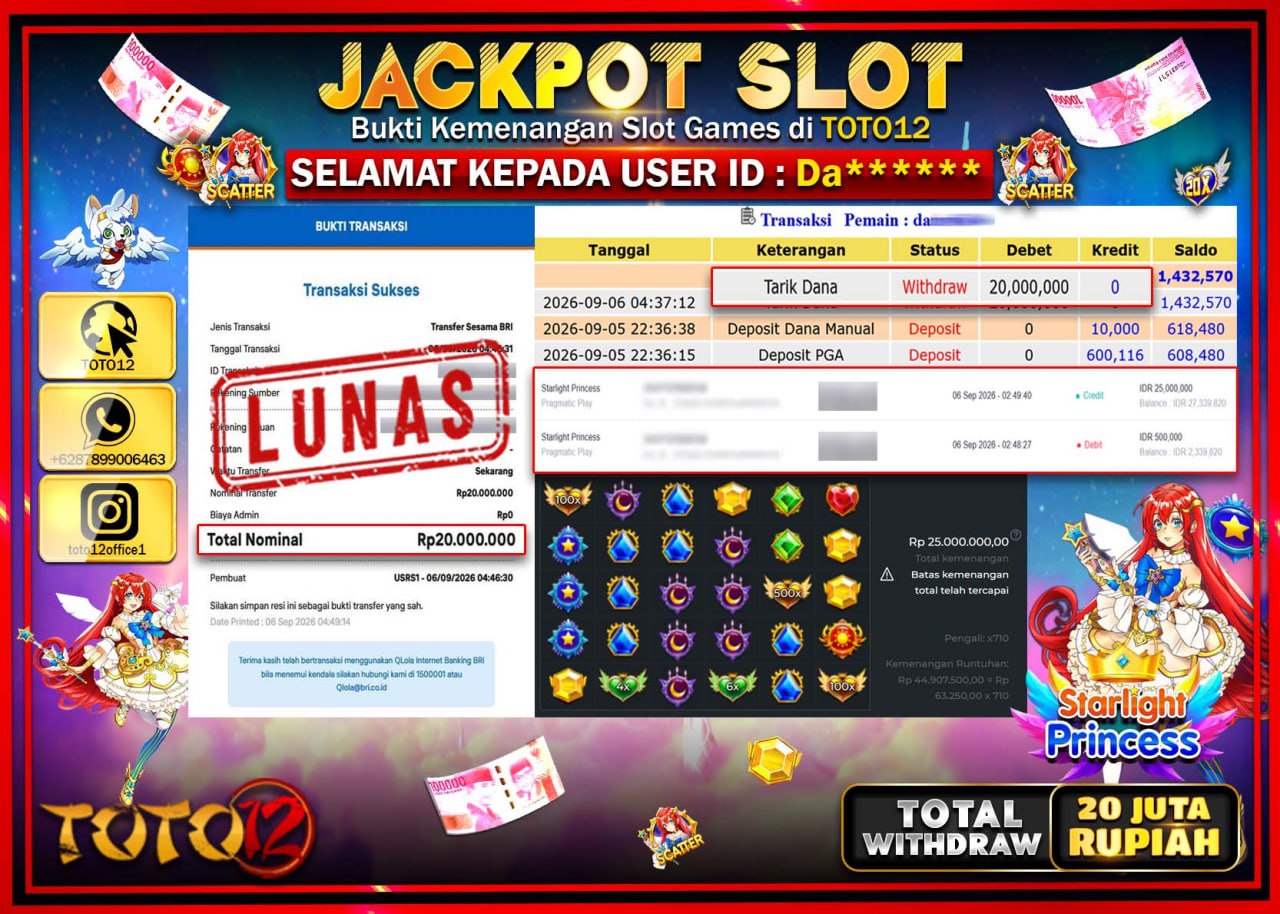 HANYA DI TOTO12 JP PASTI DI BAYAR LUNAS DAN CEPAT!!!!!! JACKPOT SLOT GAME (STARLIGHT PRINCESS) Rp20.000.000!!!!