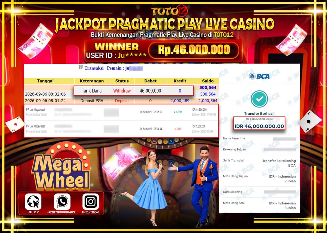 HANYA DI TOTO12 JP PASTI DI BAYAR LUNAS DAN CEPAT!!!!!! JACKPOT PRAGMATIC PLAY LIVE GAME CASINO (PP LIVE MEGAWHEEL) Rp46.000.000!!!!