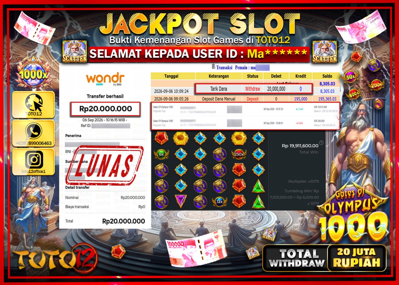 HANYA DI TOTO12 JP PASTI DI BAYAR LUNAS DAN CEPAT!!!!!! JACKPOT SLOT GAME (GATES OF OLYMPUS 1000) Rp20.000.000!!!!