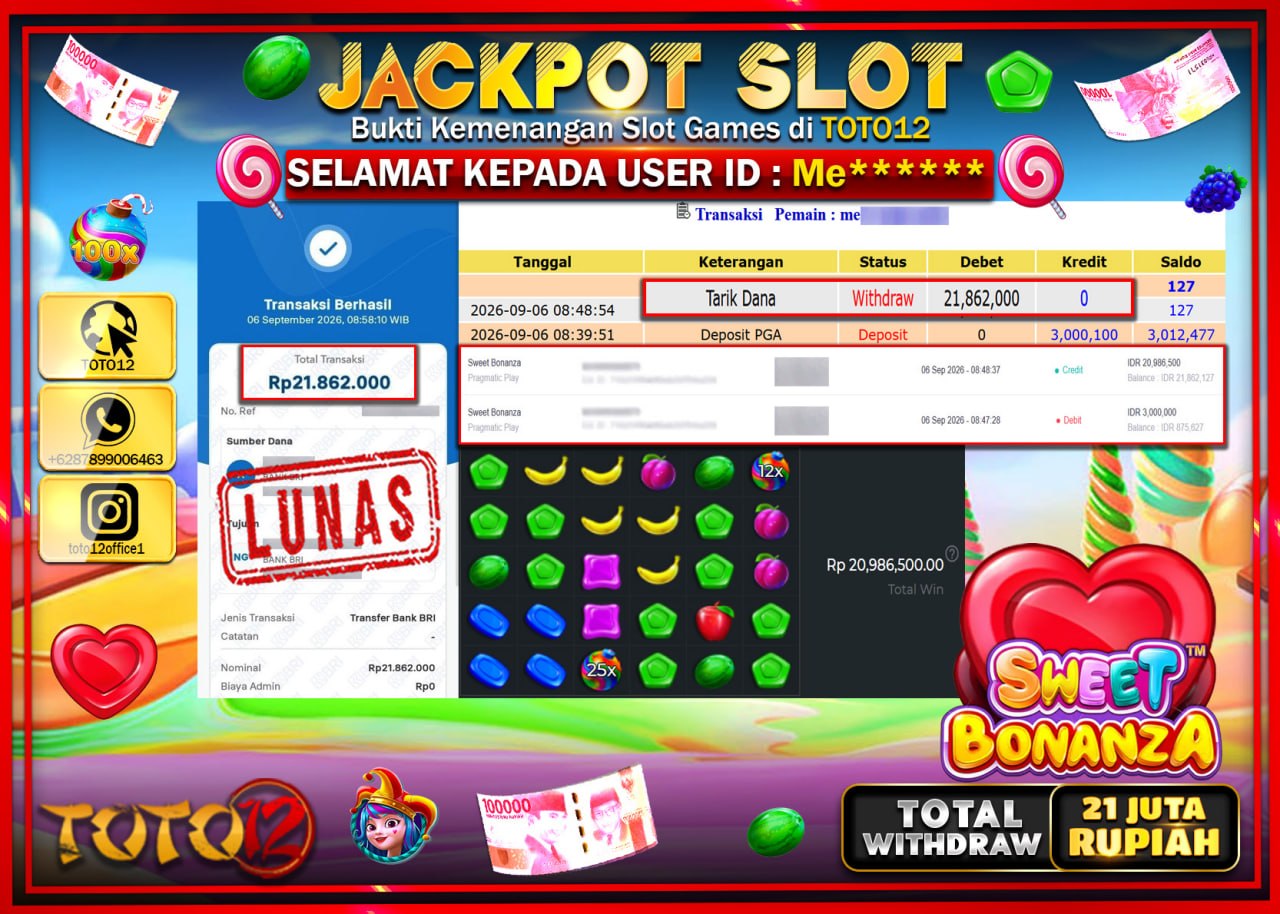 HANYA DI TOTO12 JP PASTI DI BAYAR LUNAS DAN CEPAT!!!!!! JACKPOT SLOT GAME (SWEET BONANZA) Rp21.862.000!!!!