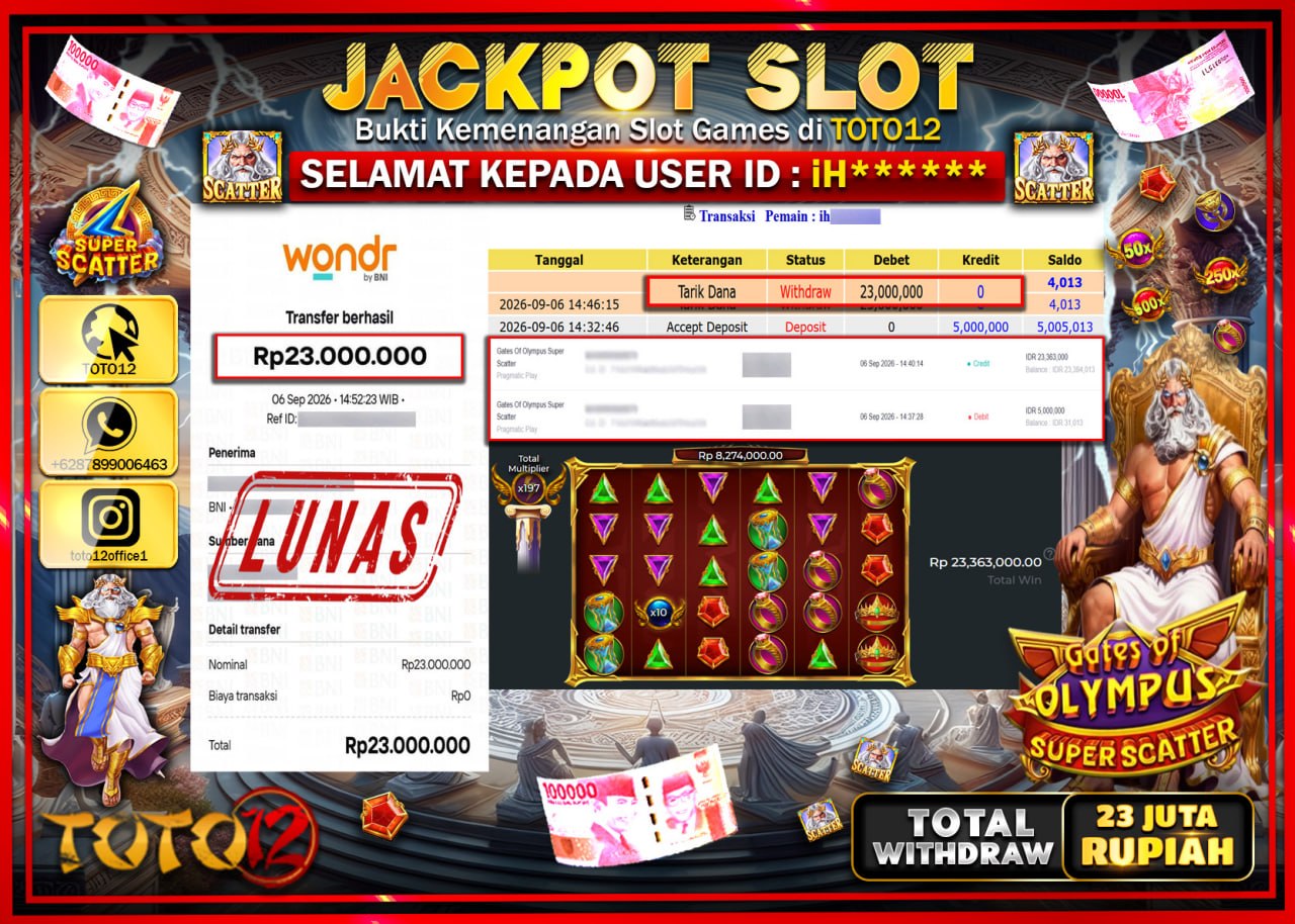 HANYA DI TOTO12 JP PASTI DI BAYAR LUNAS DAN CEPAT!!!!!! JACKPOT SLOT GAME (GATES OF OLYMPUS SUPER SCATTER) Rp23.000.000!!!!