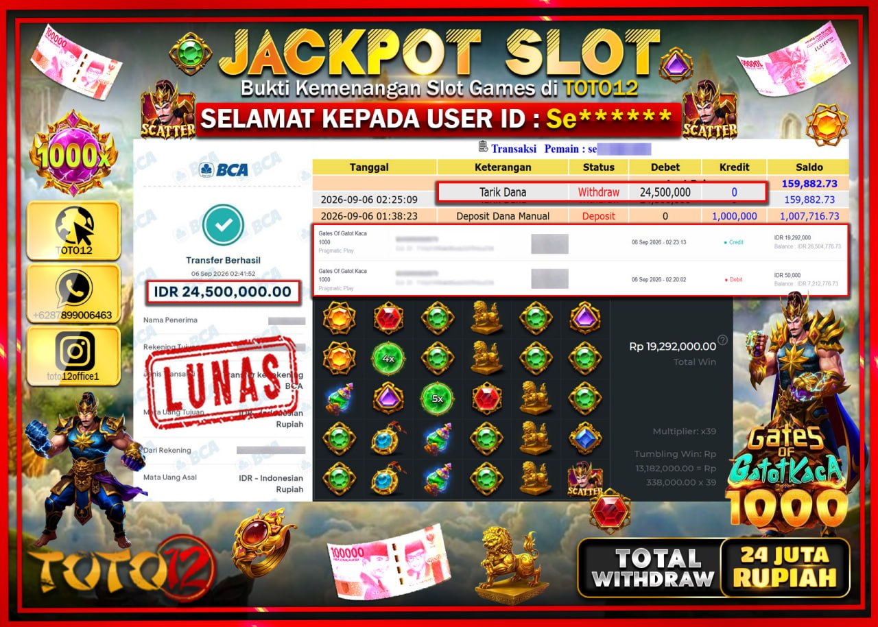 HANYA DI TOTO12 JP PASTI DI BAYAR LUNAS DAN CEPAT!!!!!! JACKPOT SLOT GAME (GATES OF GATOT KACA 1000) Rp24.500.000!!!!