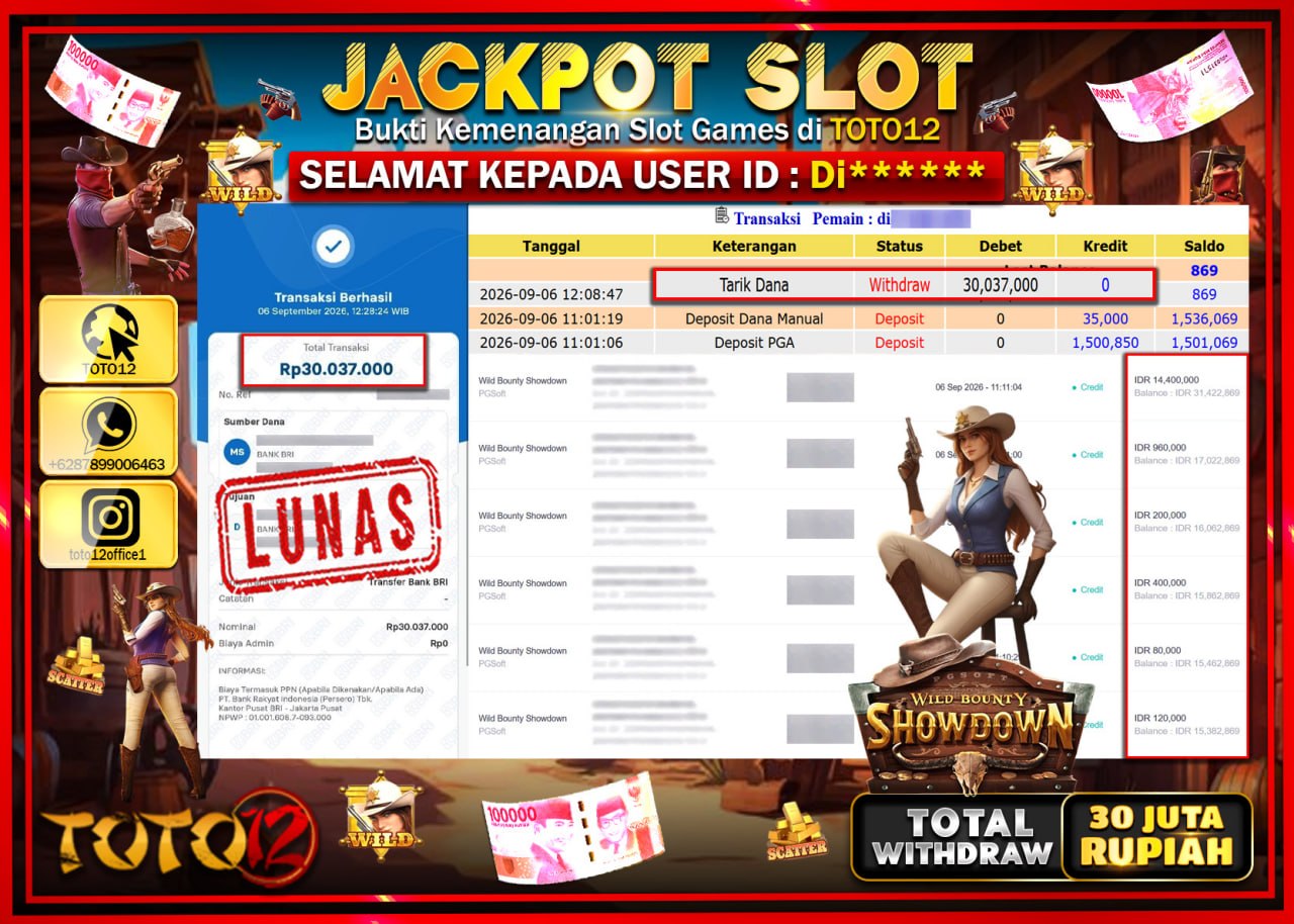 HANYA DI TOTO12 JP PASTI DI BAYAR LUNAS DAN CEPAT!!!!!! JACKPOT SLOT GAME (WILD BOUNTY SHOWDOWN) Rp30.037.000!!!!