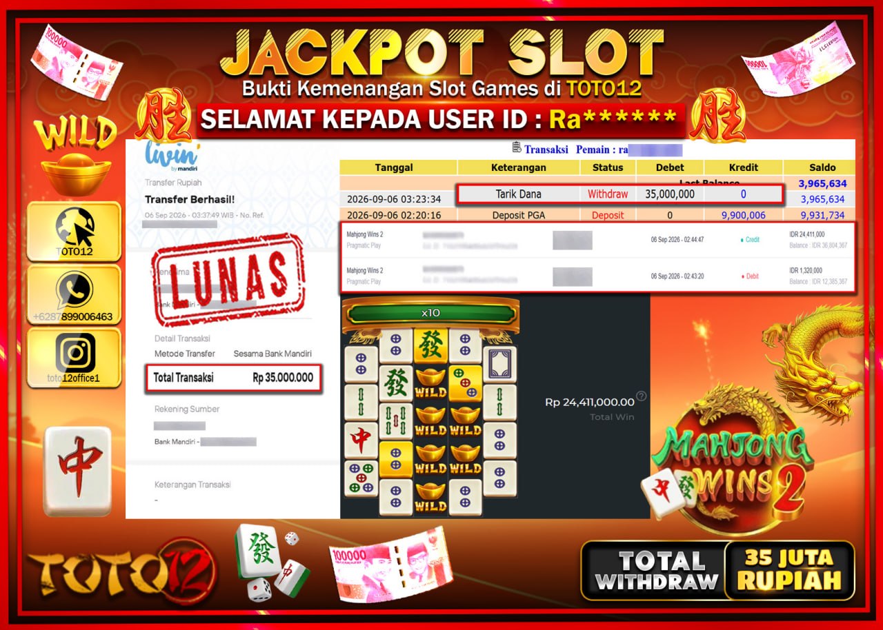 HANYA DI TOTO12 JP PASTI DI BAYAR LUNAS DAN CEPAT!!!!!! JACKPOT SLOT GAME (MAHJONG WINS 2) Rp35.000.000!!!!