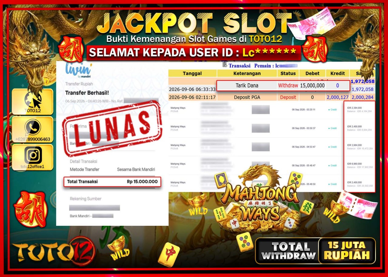 HANYA DI TOTO12 JP PASTI DI BAYAR LUNAS DAN CEPAT!!!!!! JACKPOT SLOT GAME (MAHJONG WAYS) Rp15.000.000!!!!