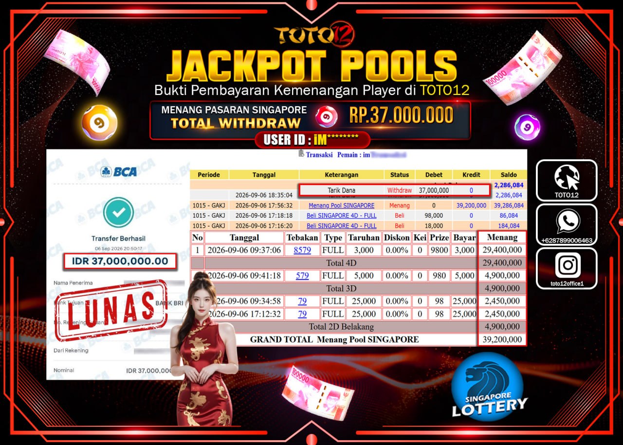 HANYA DI TOTO12 JP PASTI DI BAYAR LUNAS DAN CEPAT!!!!!! JACKPOT POOLS PASARAN (SINGAPORE) Rp37.000.000!!!!