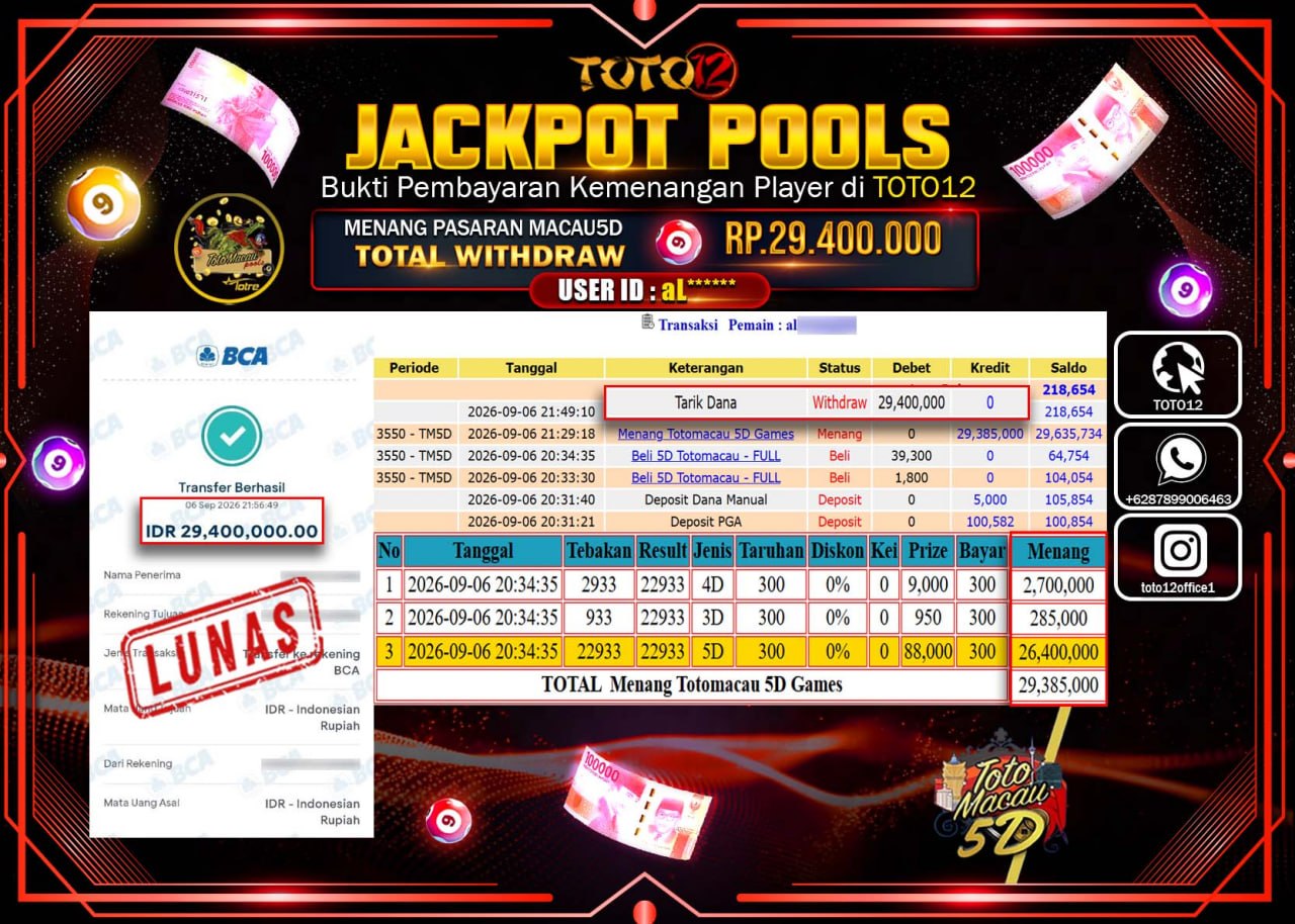 HANYA DI TOTO12 JP PASTI DI BAYAR LUNAS DAN CEPAT!!!!!! JACKPOT POOLS PASARAN (MACAU 5D) Rp29.400.000!!!!