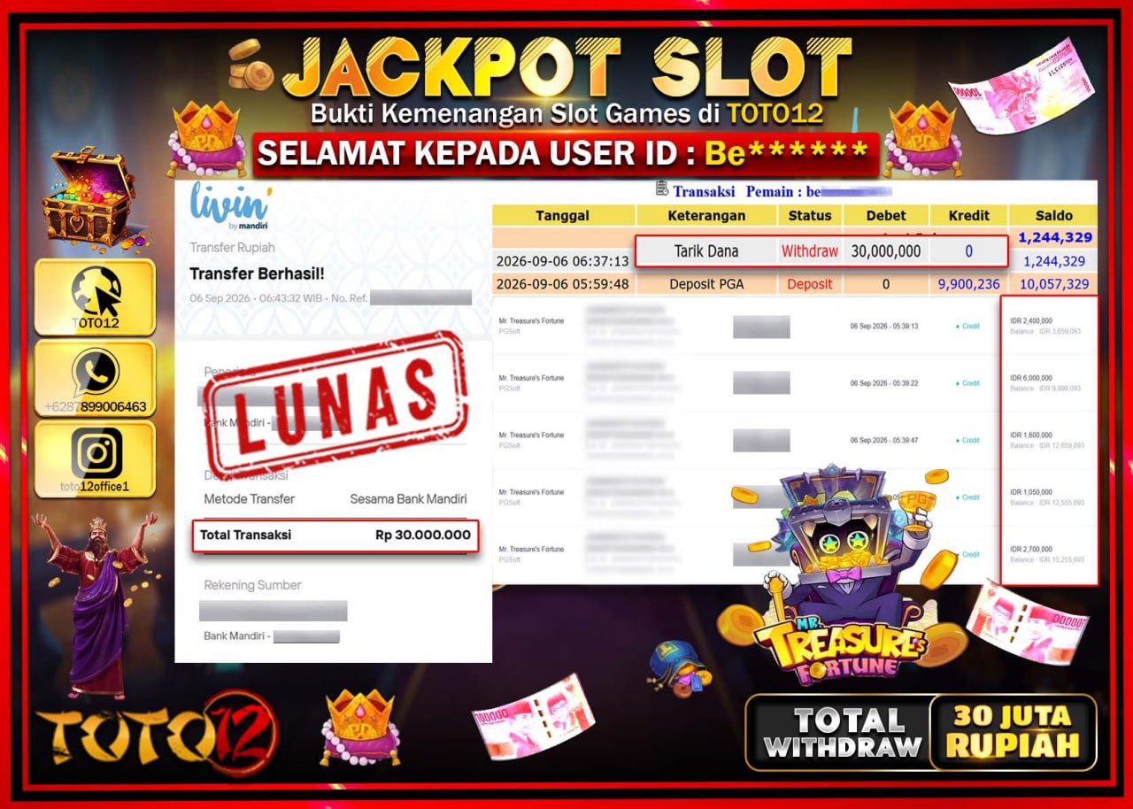 HANYA DI TOTO12 JP PASTI DI BAYAR LUNAS DAN CEPAT!!!!!! JACKPOT SLOT GAME (MR TREASURES FORTUNE) Rp30.000.000!!!!