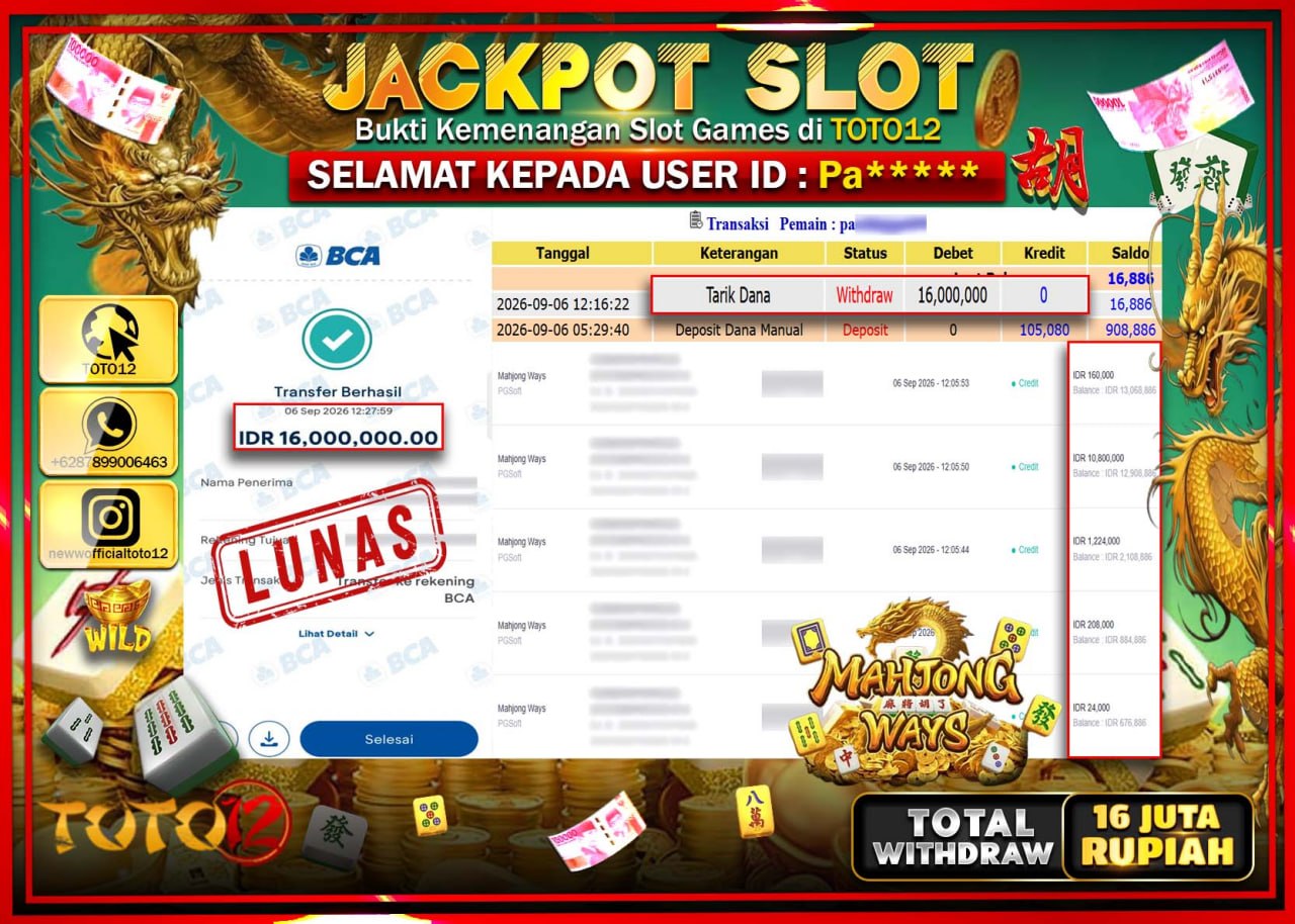 HANYA DI TOTO12 JP PASTI DI BAYAR LUNAS DAN CEPAT!!!!!! JACKPOT SLOT GAME (MAHJONG WAYS) Rp16.000.000!!!!