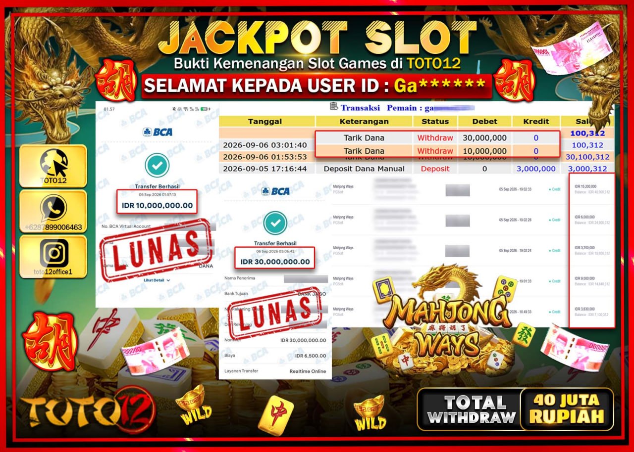 HANYA DI TOTO12 JP PASTI DI BAYAR LUNAS DAN CEPAT!!!!!! JACKPOT SLOT GAME (MAHJONG WAYS) Rp40.000.000!!!!