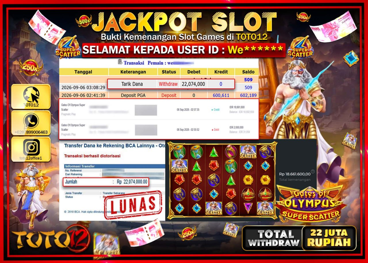 HANYA DI TOTO12 JP PASTI DI BAYAR LUNAS DAN CEPAT!!!!!! JACKPOT SLOT GAME (GATES OF OLYMPUS SUPER SCATTER) Rp22.074.000!!!!