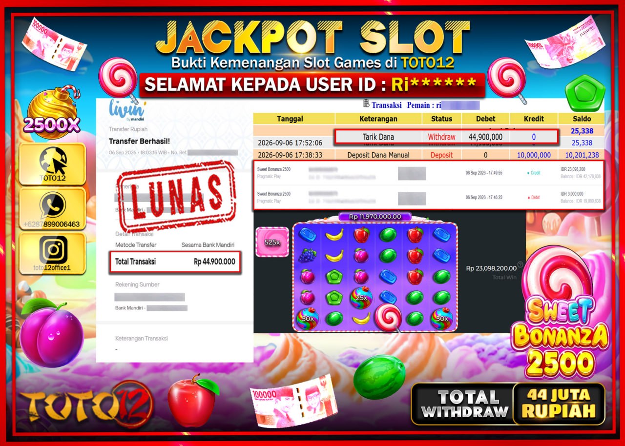 HANYA DI TOTO12 JP PASTI DI BAYAR LUNAS DAN CEPAT!!!!!! JACKPOT SLOT GAME (SWEET BONANZA 2500) Rp44.900.000!!!!